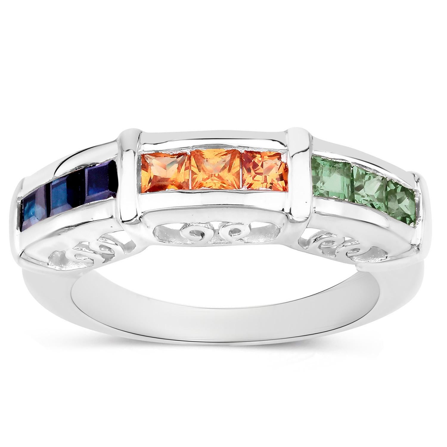 Anello con zaffiri multicolore Verde Arancione Blu A. Silver In condizioni ottime in vendita a Aliso Viejo, CA