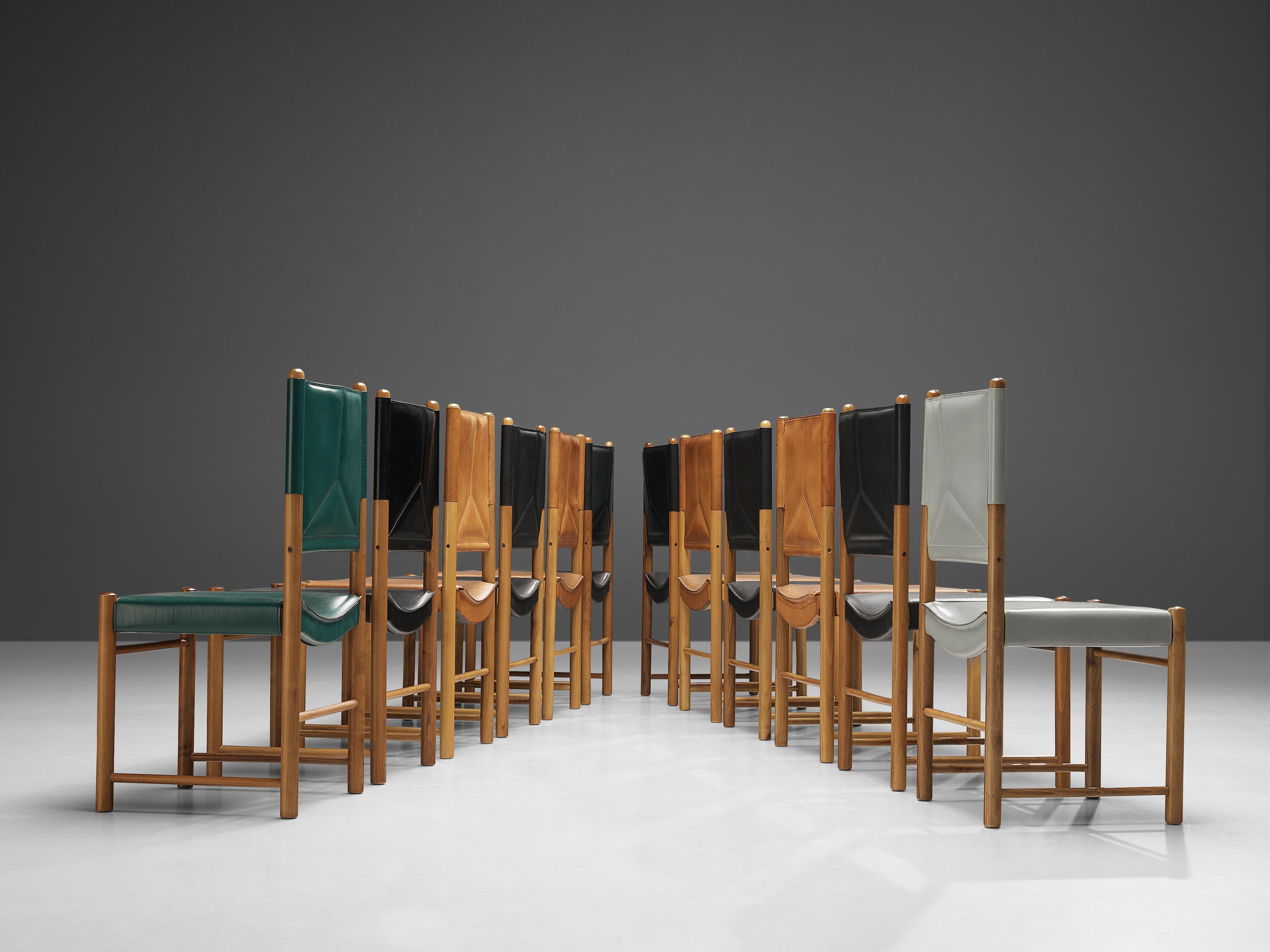 Late 20th Century Multicolored Set of 12 Italian Dining Chairs in Leather