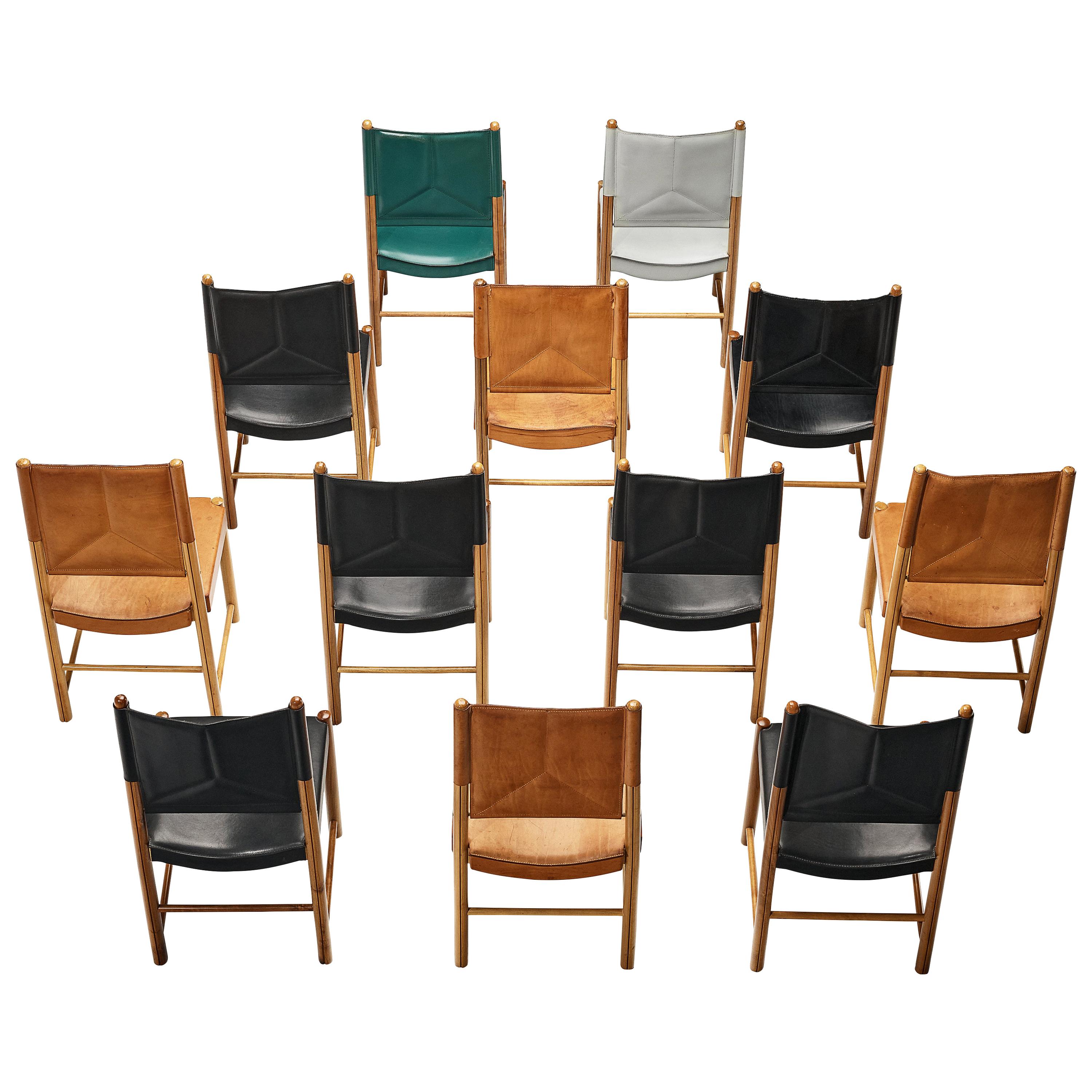 Multicolored Set of 12 Italian Dining Chairs in Leather