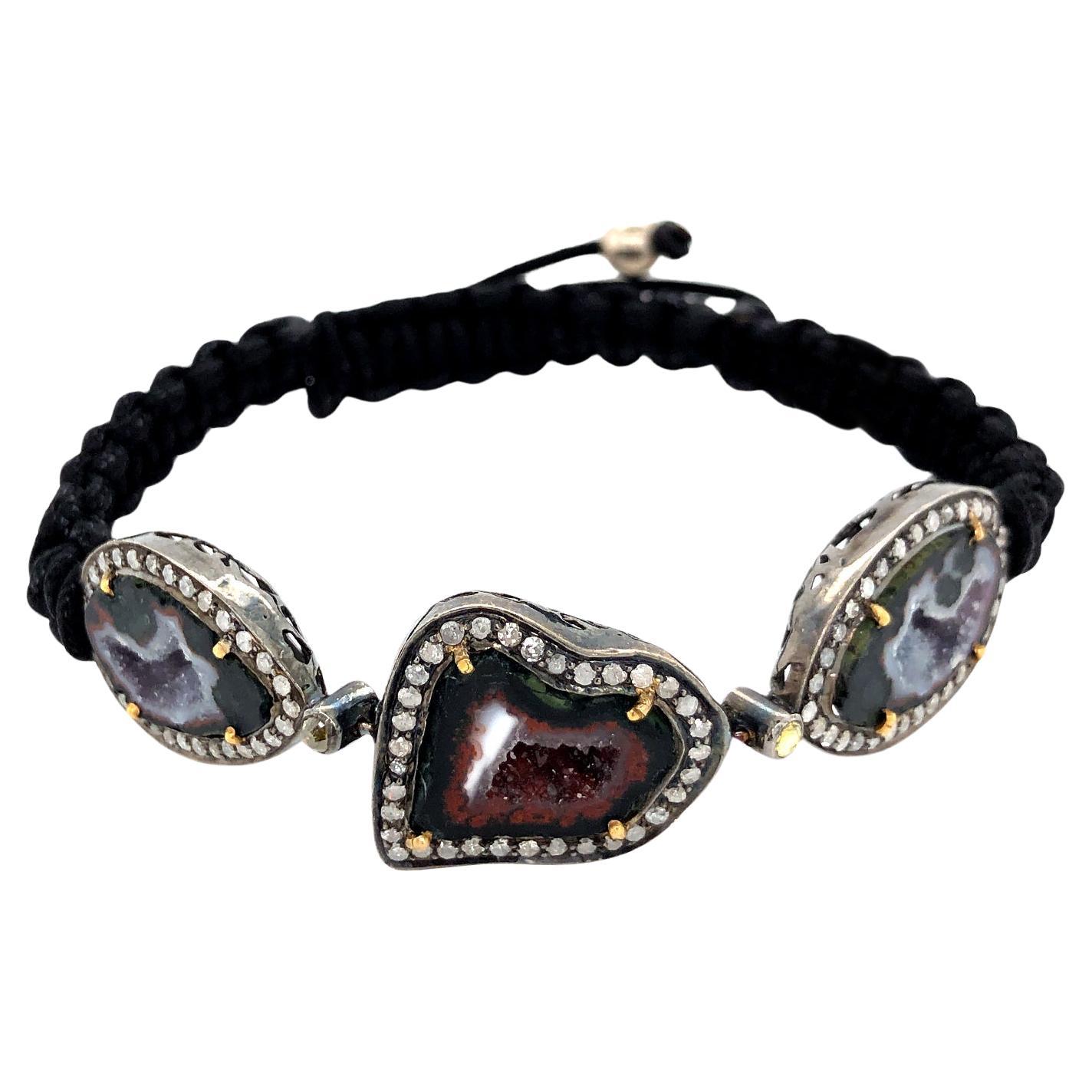 Multicolored Sliced Geode Macrame Bracelet With Diamonds In 18k Gold & Silver For Sale