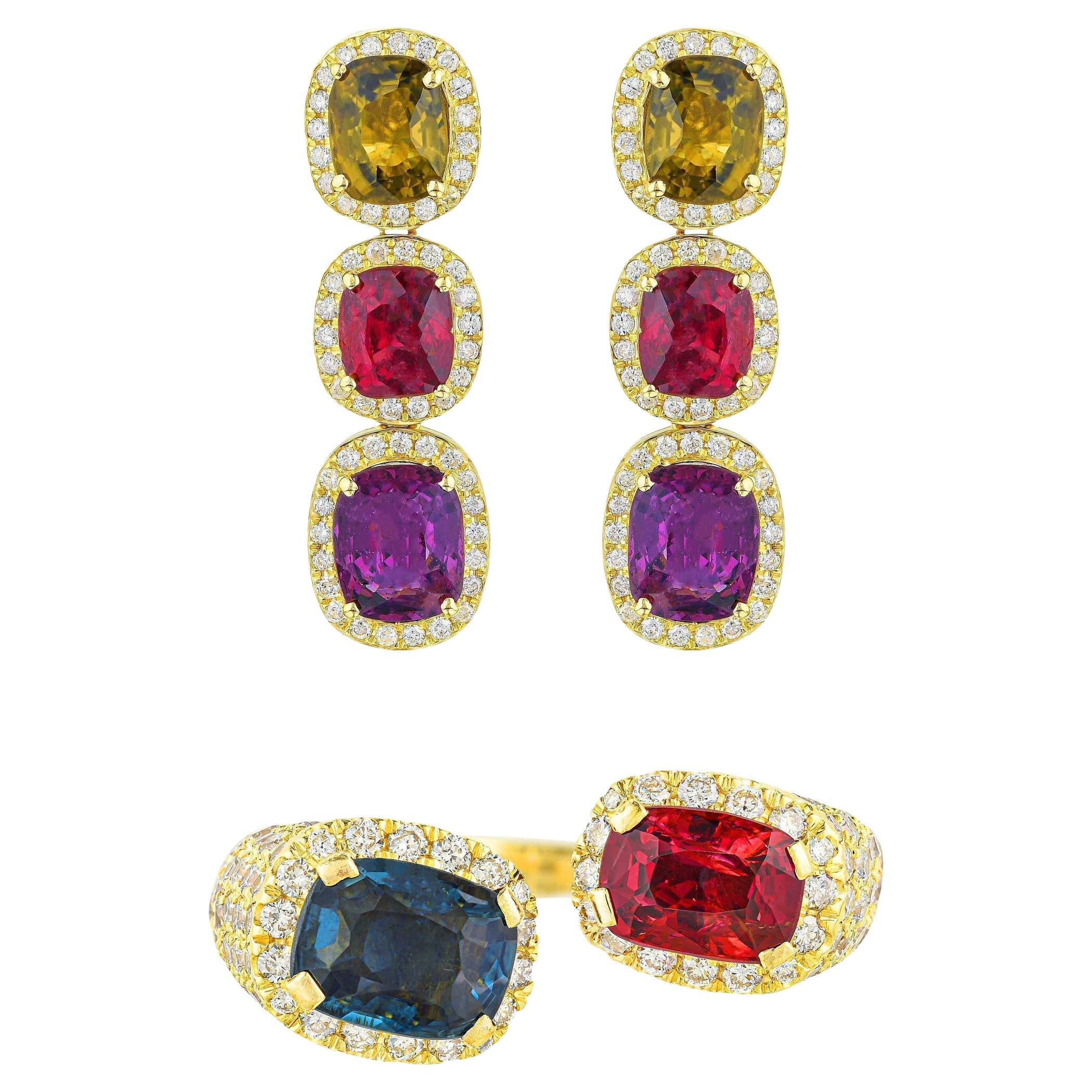 Multicolored Spinel Ring and Earrings Jewelry Set 14.1 Carats 18K Yellow Gold