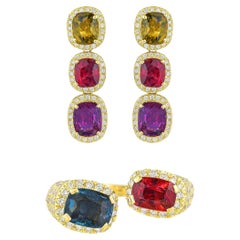 Multicolored Spinel Ring and Earrings Jewelry Set 14.1 Carats 18K Yellow Gold