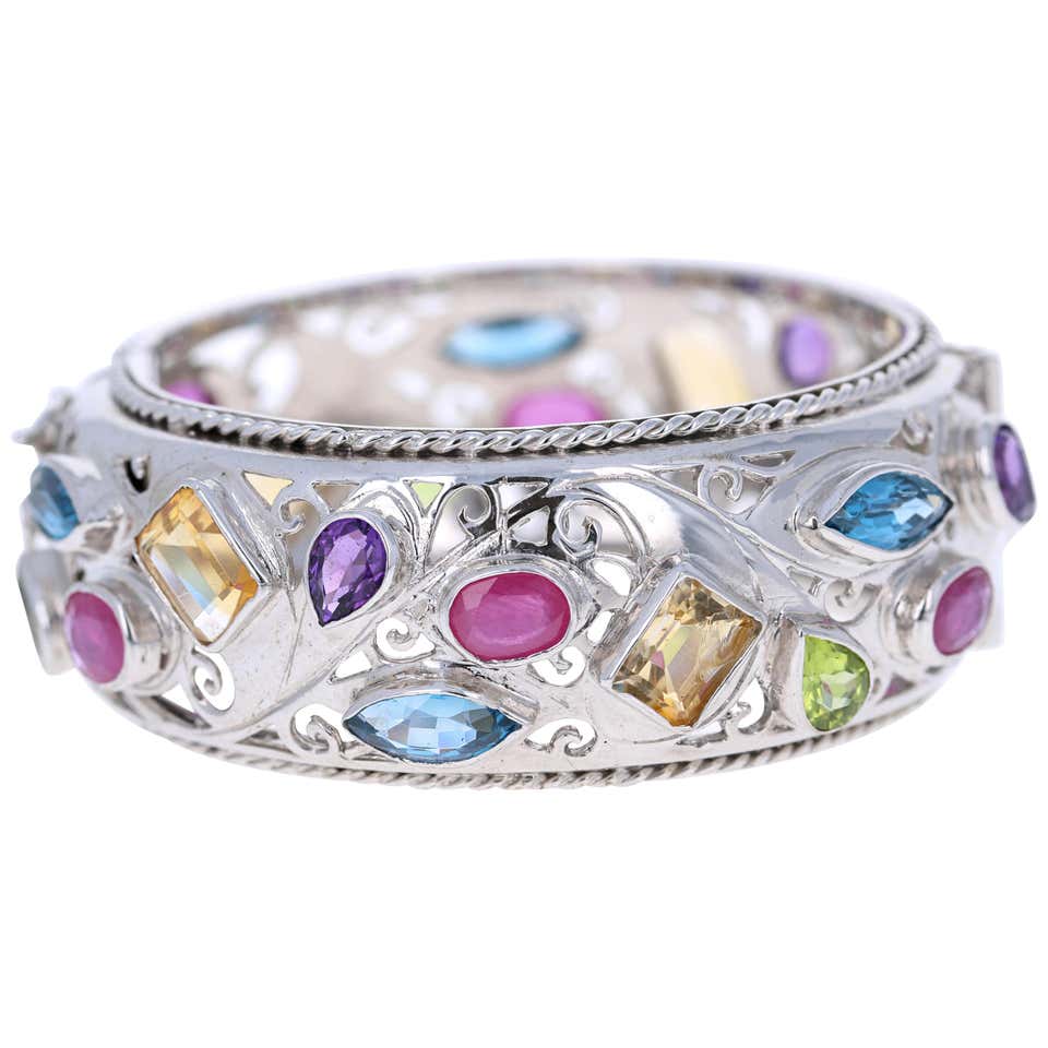 Multicolored Stone 925 Silver Bangle at 1stDibs | silver bangles for sale