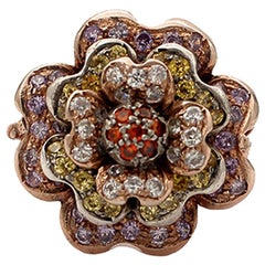Multicolored Stones, 9 Karat Rose Gold and Silver Flower Ring