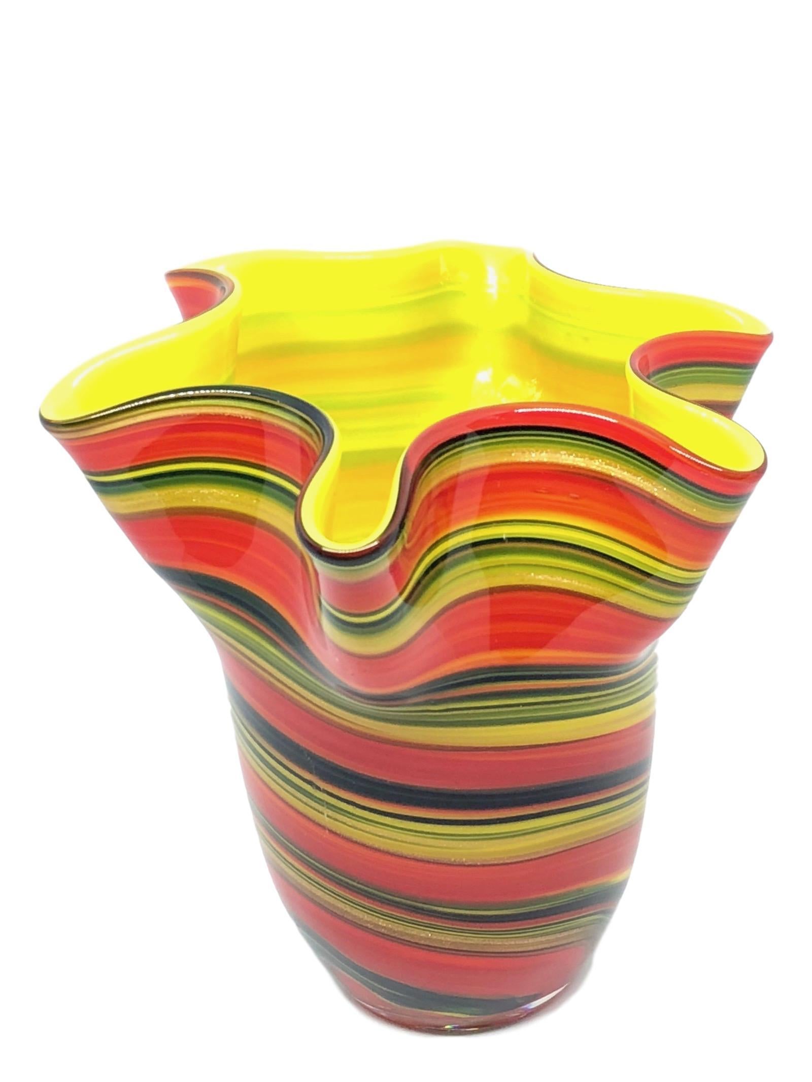 Italian Multicolored Swirl Glass Murano Venetian Glass Vase by Fazzoletto For Sale