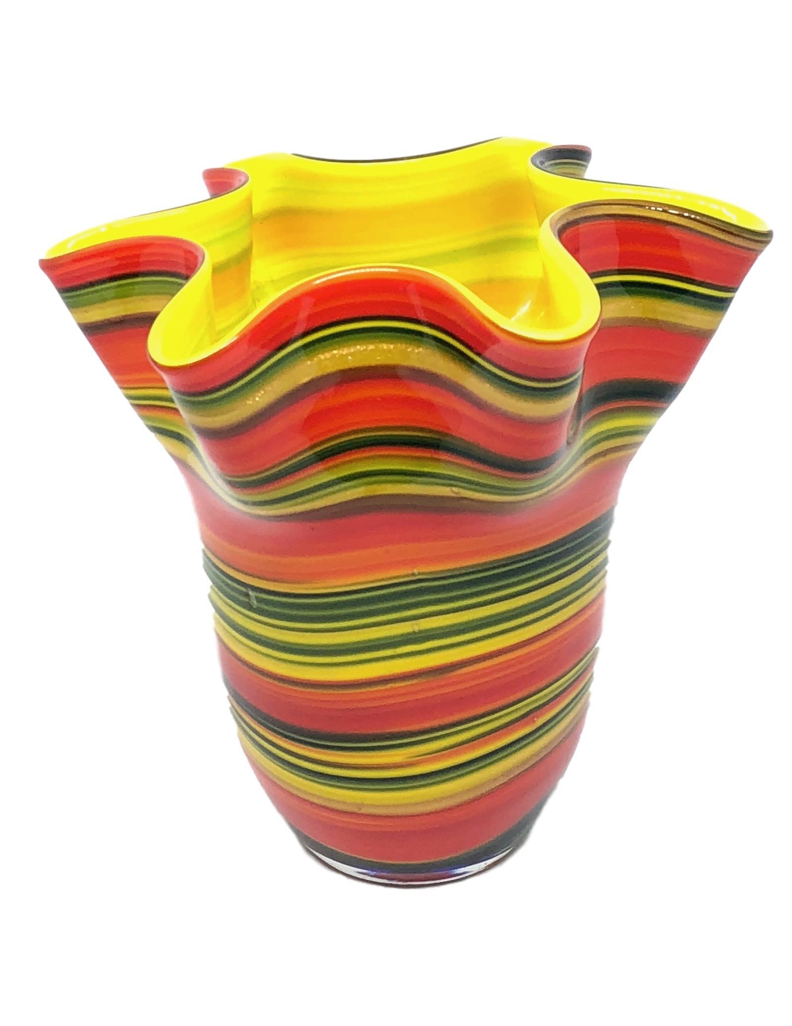 Hand-Crafted Multicolored Swirl Glass Murano Venetian Glass Vase by Fazzoletto For Sale