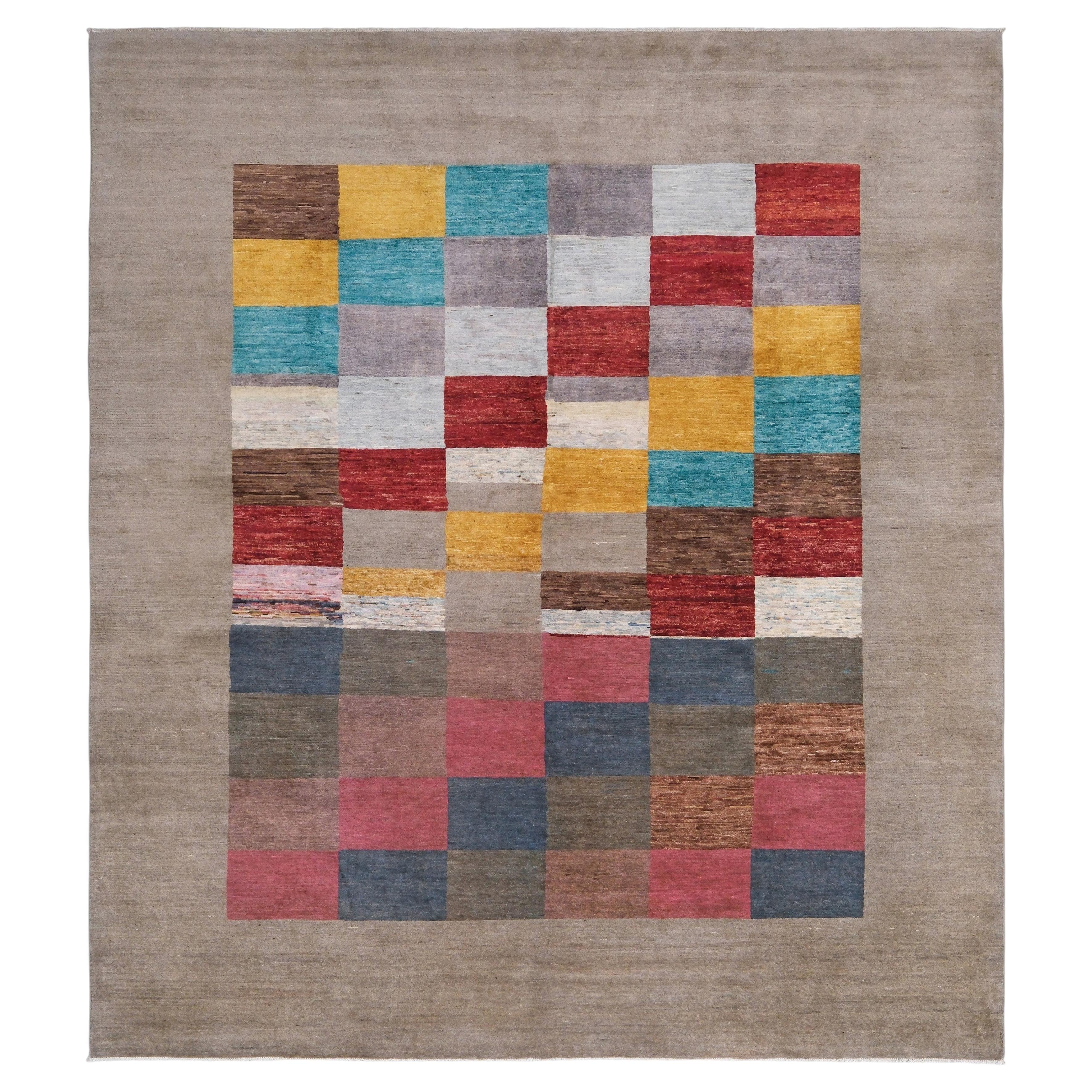 Multicolored Tile Design Modern Rug, Handmade Wool Contemporary Area Rug, 8x9