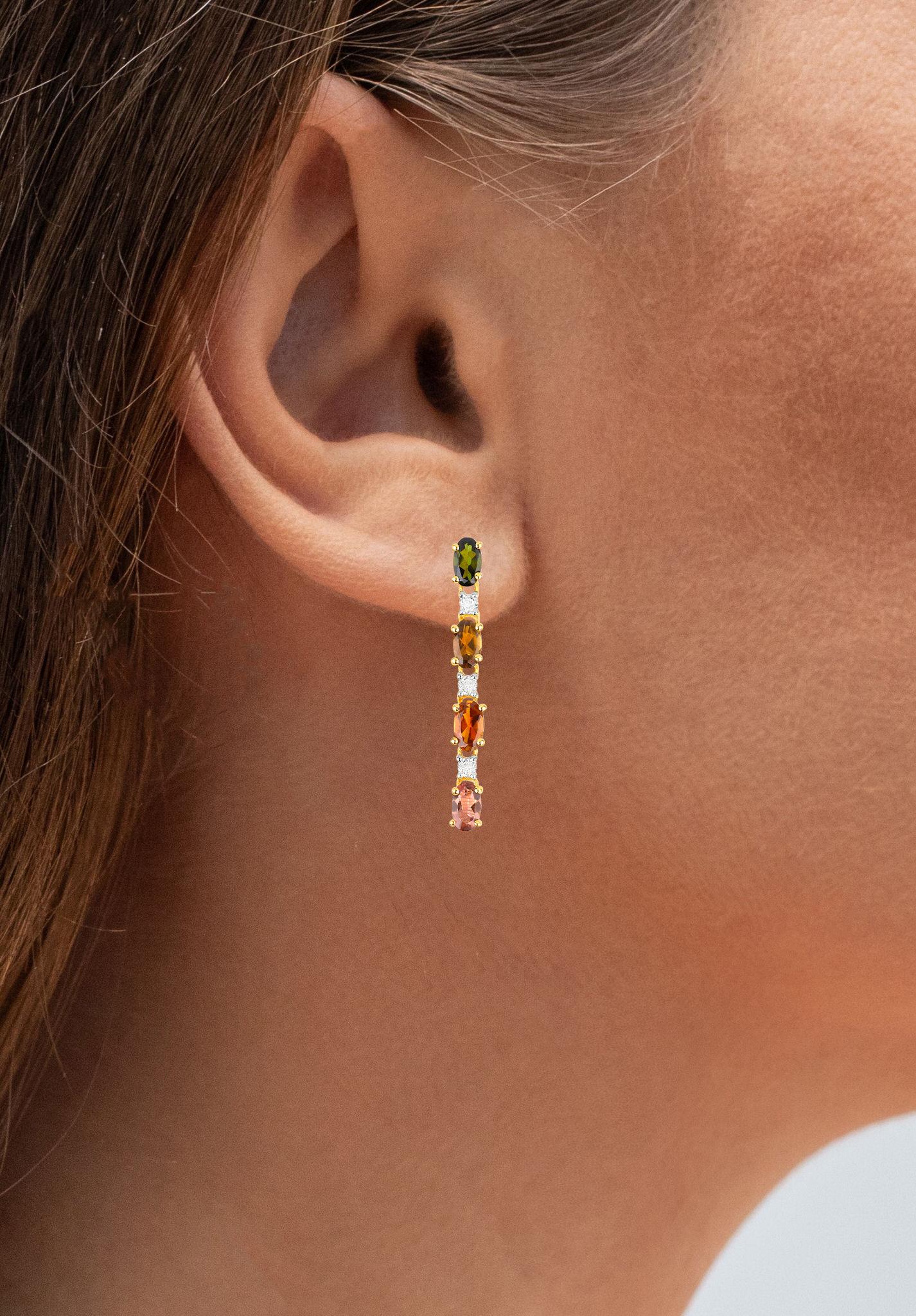 Contemporary Multicolored Tourmaline Dangle Earrings White Topaz 1.95 Carats 18K Gold Plated For Sale