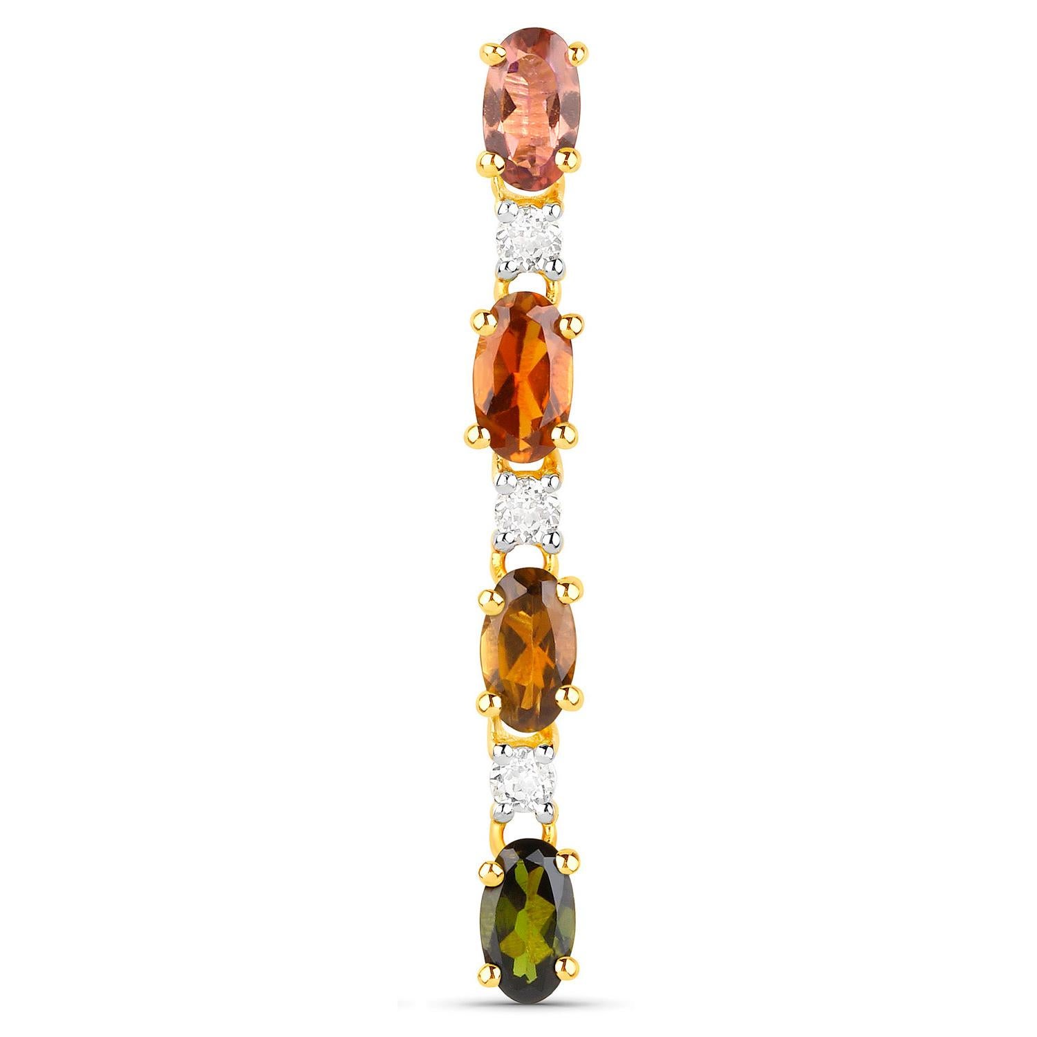 Oval Cut Multicolored Tourmaline Dangle Earrings White Topaz 1.95 Carats 18K Gold Plated For Sale