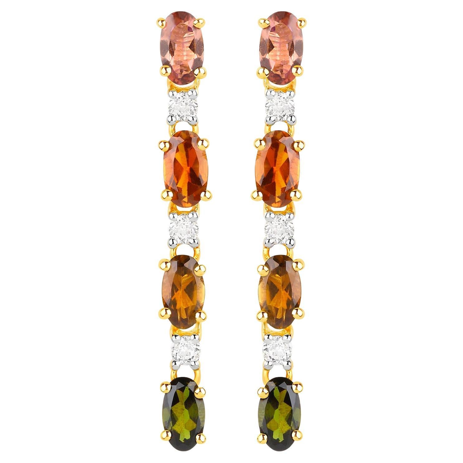 Multicolored Tourmaline Dangle Earrings White Topaz 1.95 Carats 18K Gold Plated