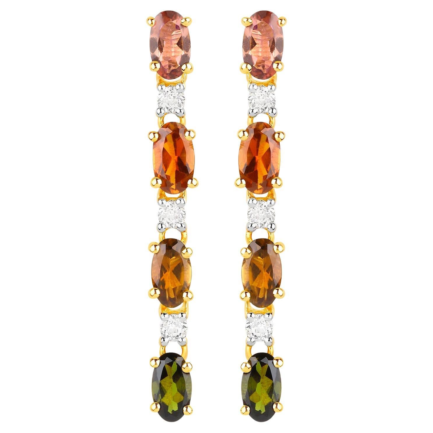 Pendants d'oreilles plaqués or 18 carats avec tourmaline multicolore et topaze blanche de 1,95 carat