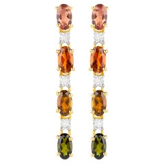 Multicolored Tourmaline Dangle Earrings White Topaz 1.95 Carats 18K Gold Plated