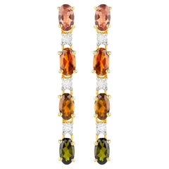 Multicolored Tourmaline Dangle Earrings White Topaz 1.95 Carats 18K Gold Plated
