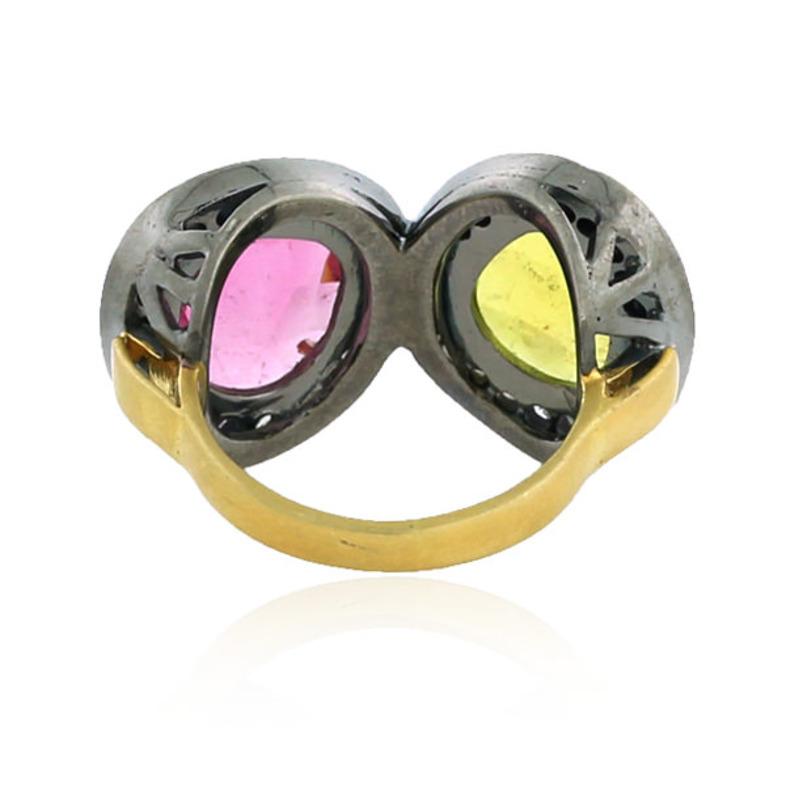 Artisan Multicolored Tourmaline Ring With Diamonds Made In 18k Gold & Silver For Sale