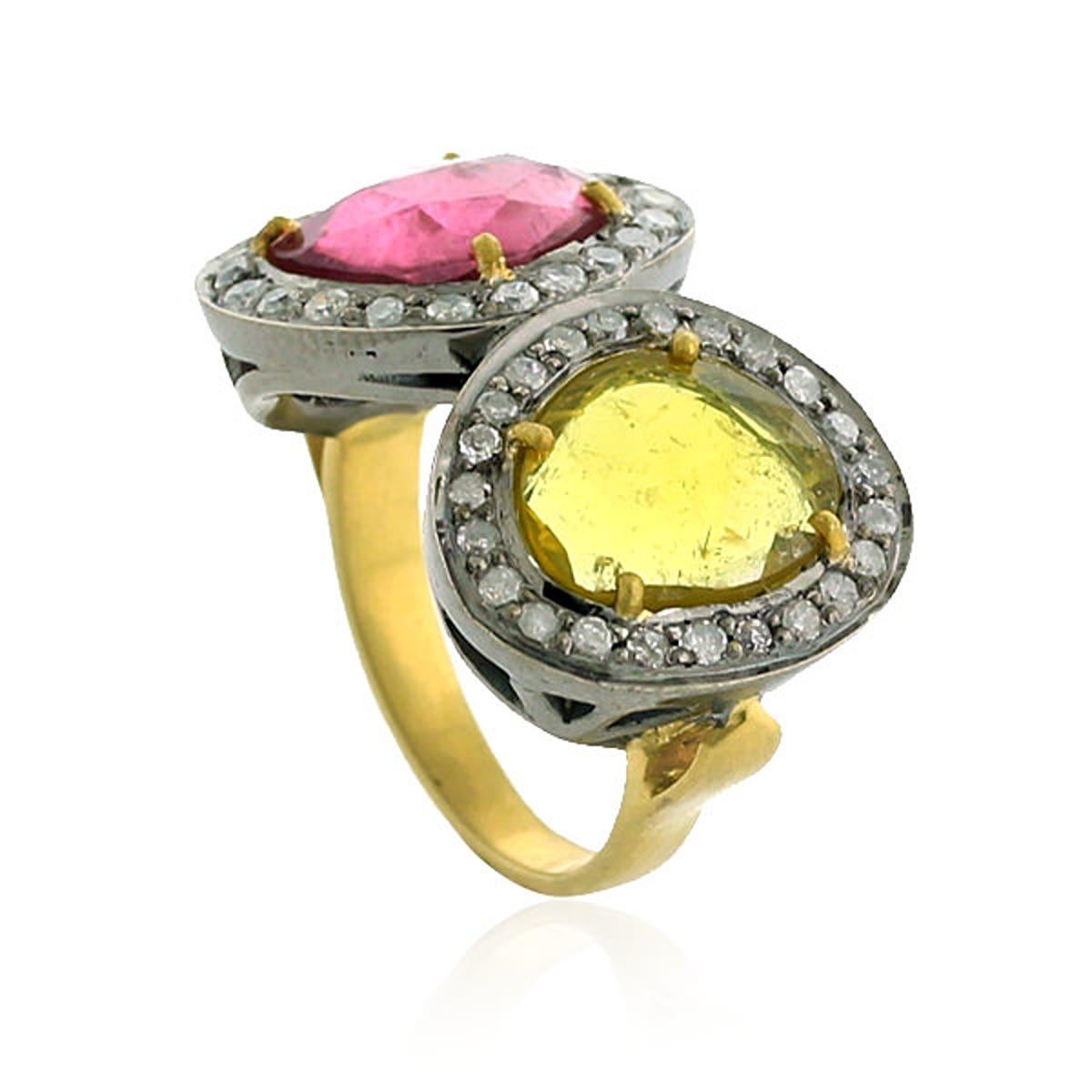 Mixed Cut Multicolored Tourmaline Ring With Diamonds Made In 18k Gold & Silver For Sale
