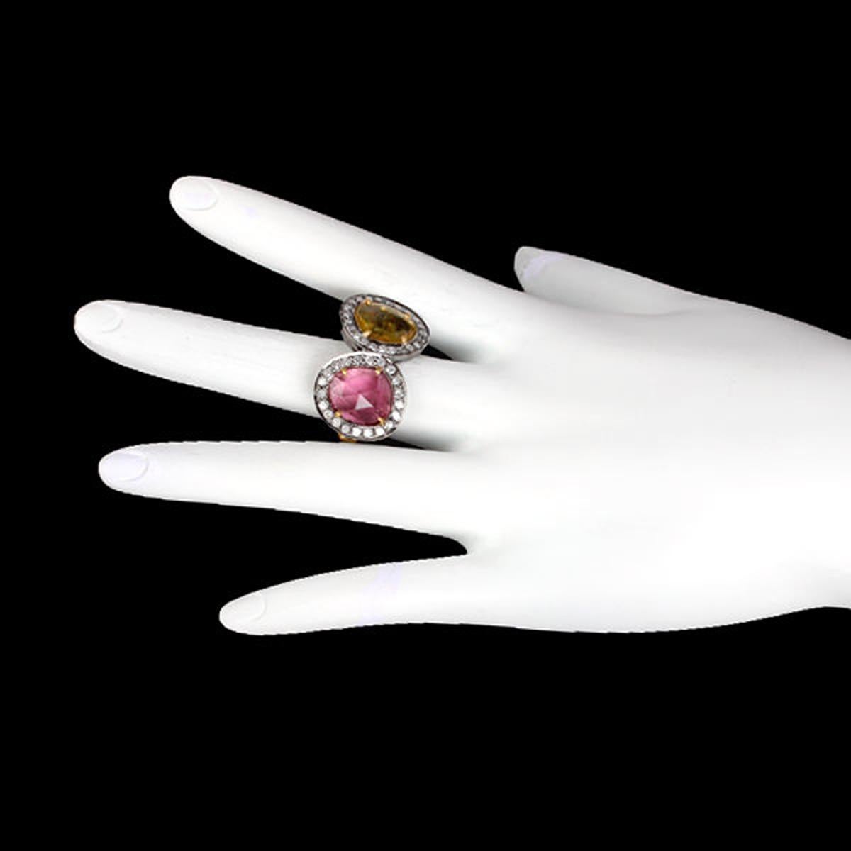 Multicolored Tourmaline Ring With Diamonds Made In 18k Gold & Silver In New Condition For Sale In New York, NY
