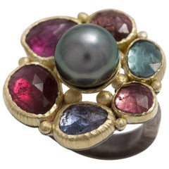 Multicolored Tourmalines Tahitian Pearl Gold and Sterling Silver Cocktail Ring