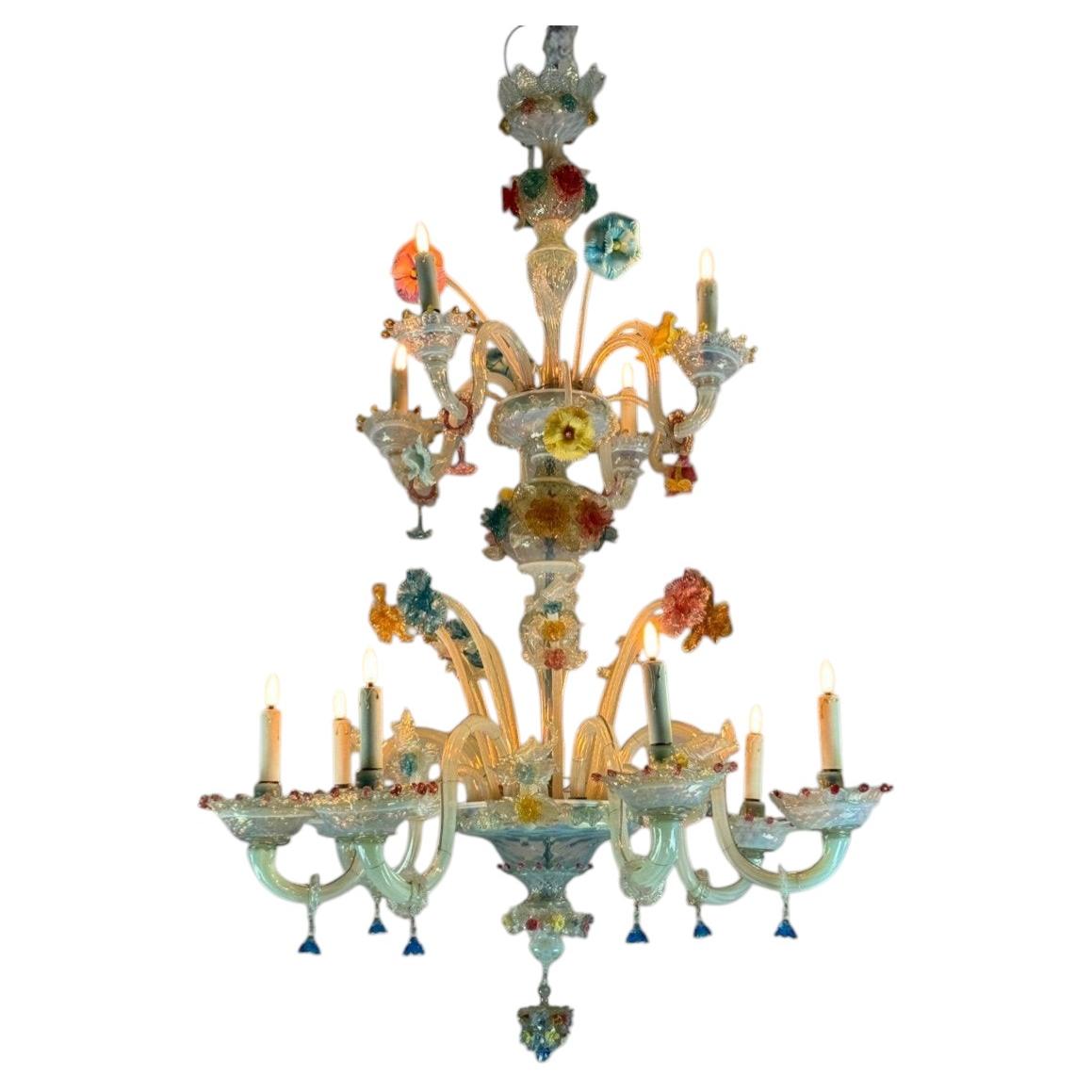 Multicolored Venetian Murano Glass Chandelier, 11 Light Arms on Two Levels, Arou