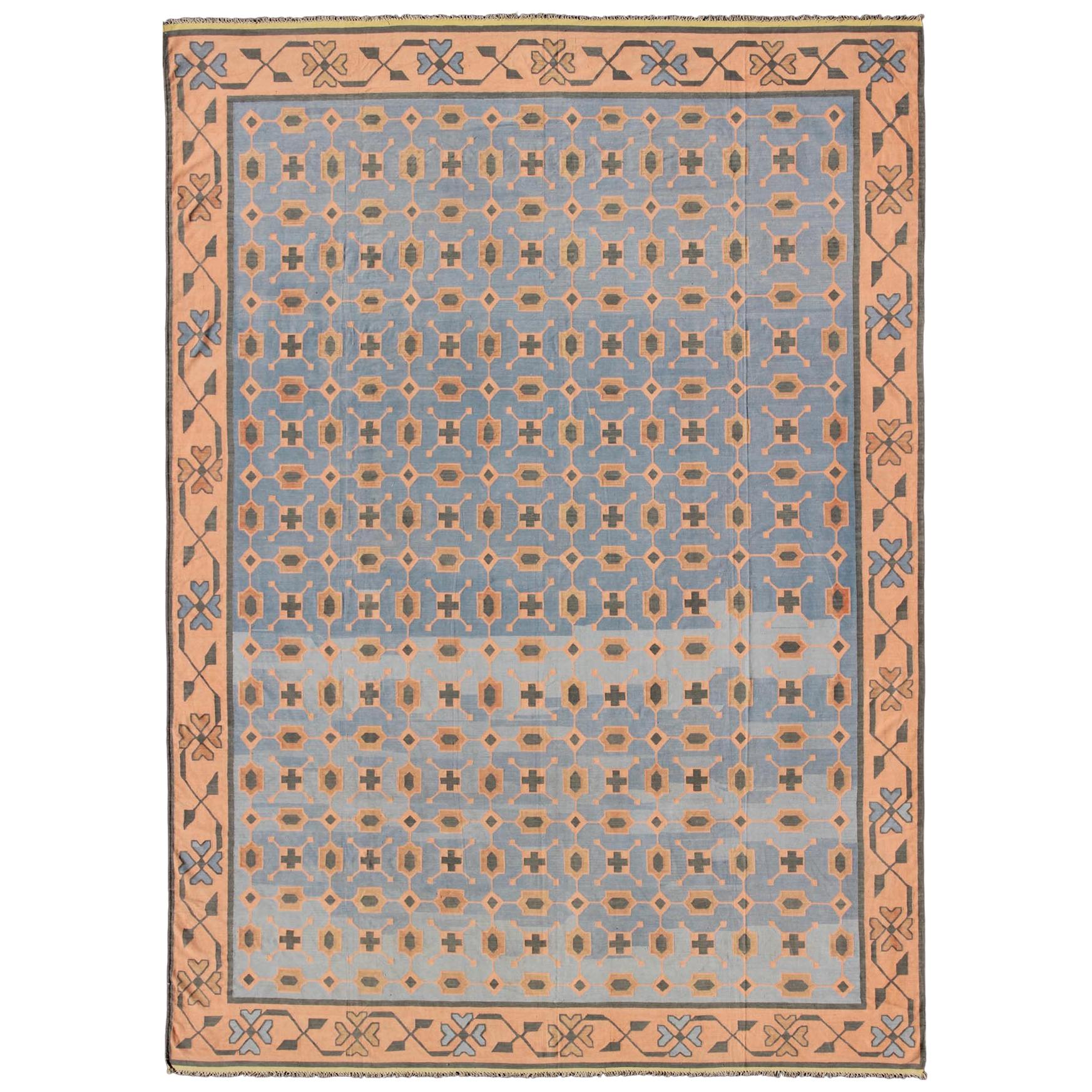 Mehrfarbiger indischer Dhurrie-Teppich aus Baumwolle im Vintage-Stil mit geometrischem All-Over-Design