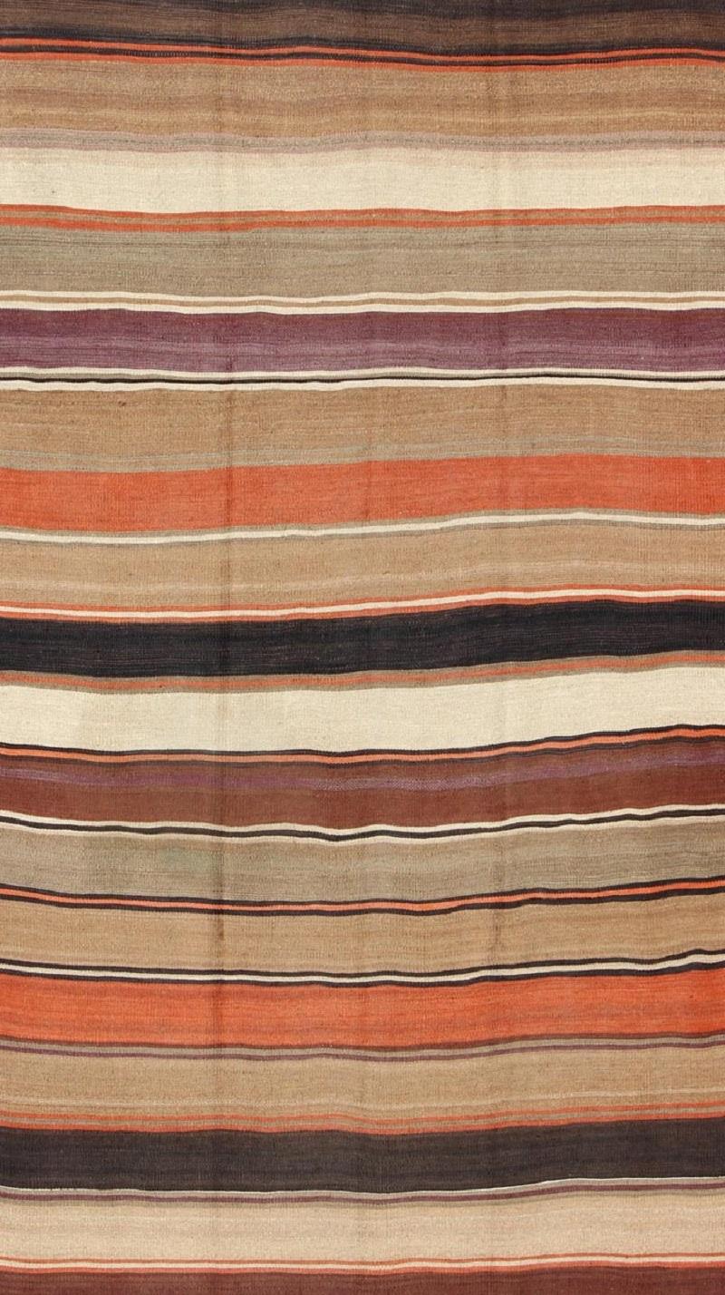 Turkish Multicolored Vintage Kilim Large Gallery Rug With Stripe For Sale