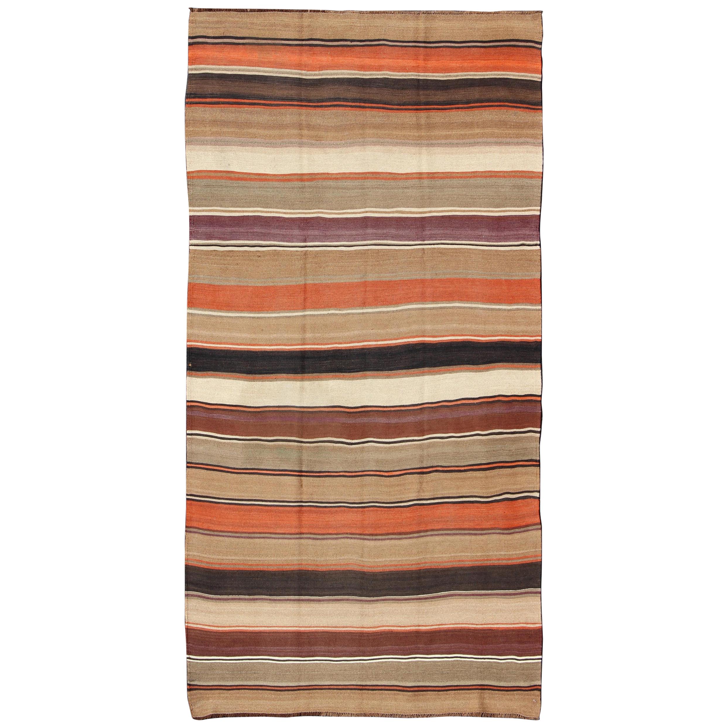 Multicolored Vintage Kilim Large Gallery Rug With Stripe For Sale