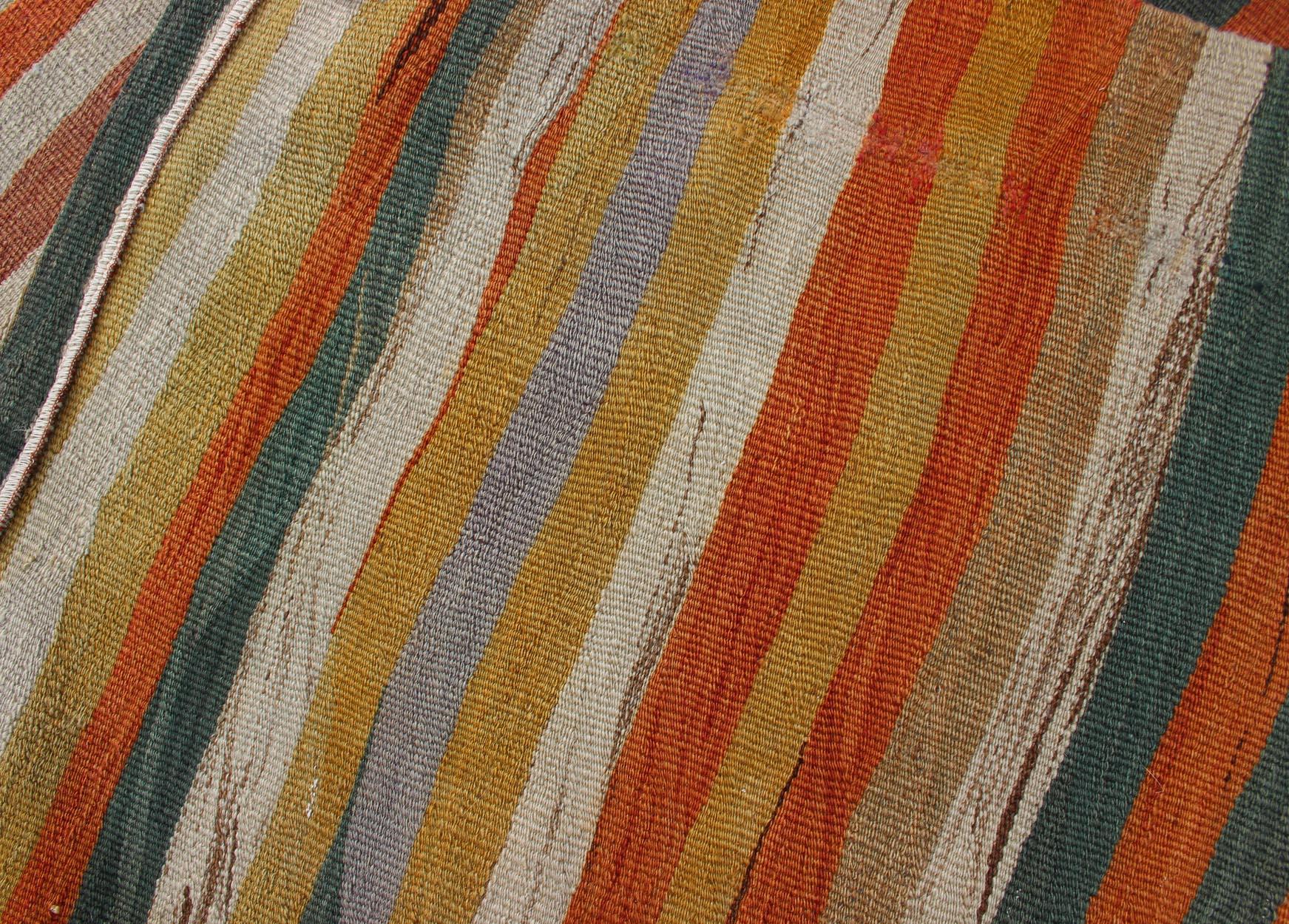 Hand-Woven Multicolored Vintage Kilim Runner Turkish in Multi Color Striped Design