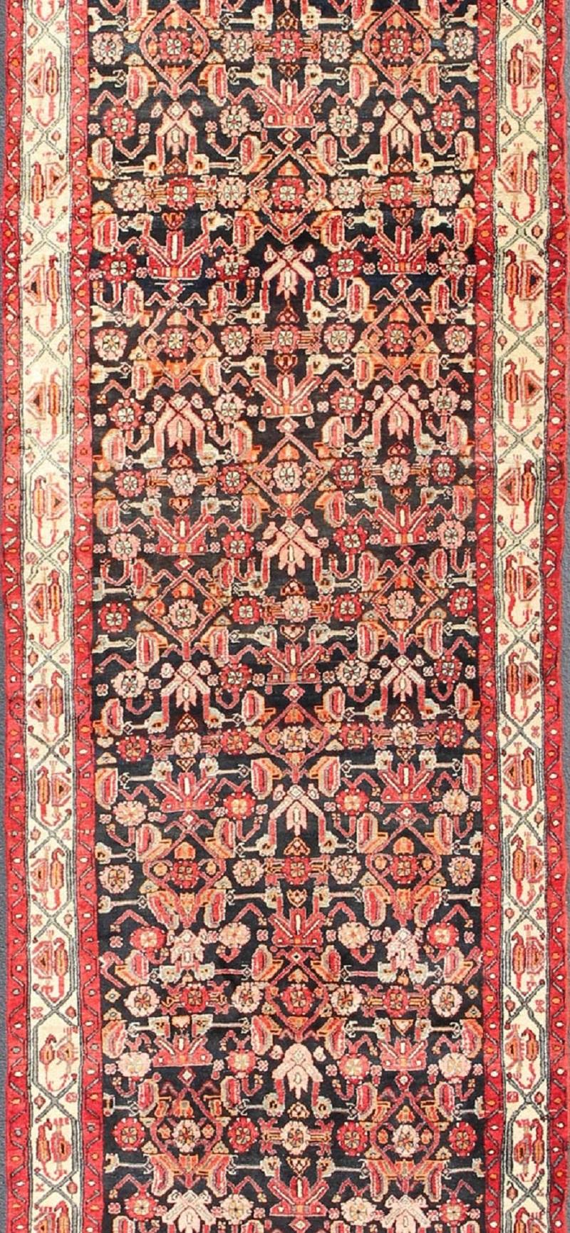 Hand-Knotted Multicolored Vintage Persian Malayer Runner with Sub-Geometric Design For Sale