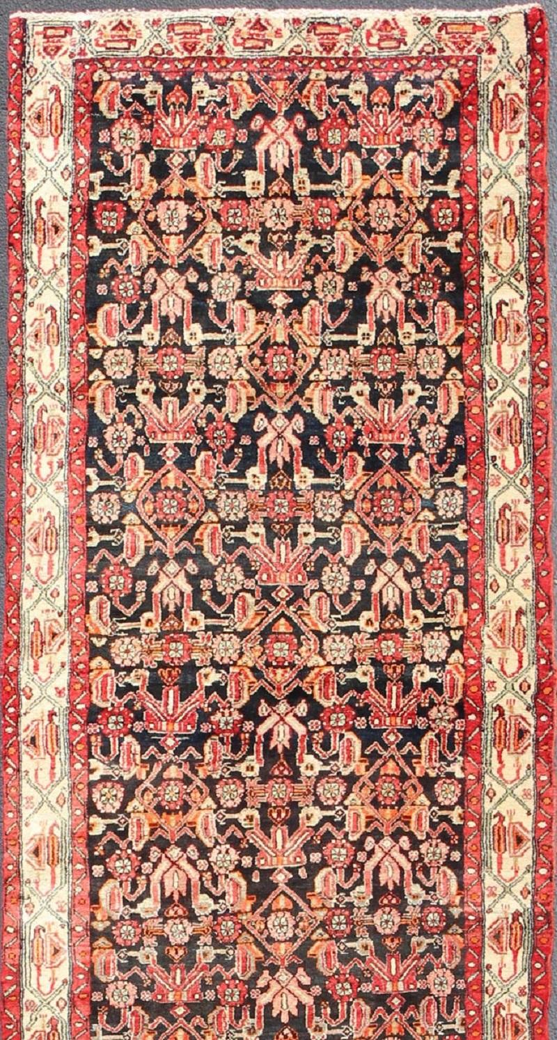 Multicolored Vintage Persian Malayer Runner with Sub-Geometric Design In Excellent Condition For Sale In Atlanta, GA