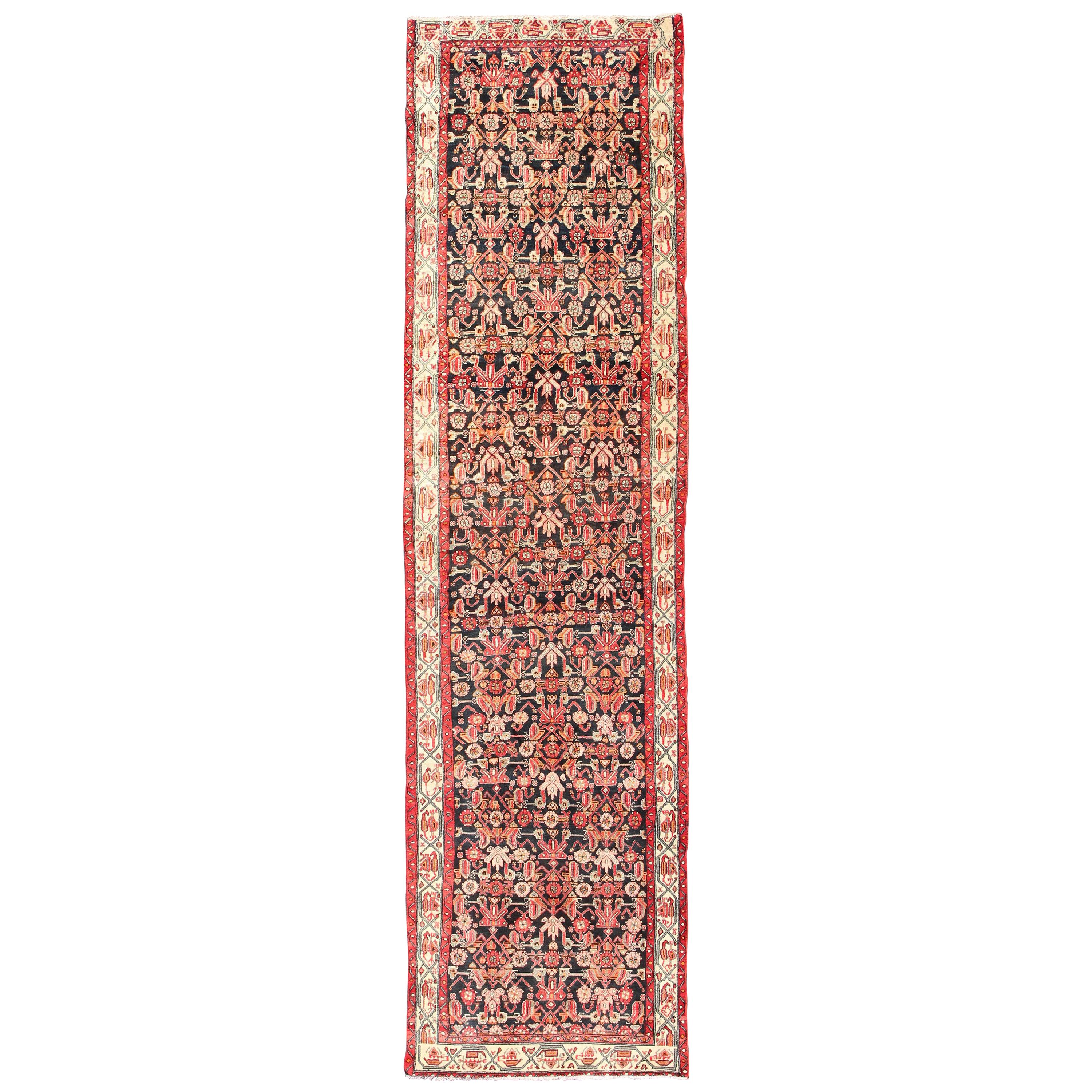 Multicolored Vintage Persian Malayer Runner with Sub-Geometric Design