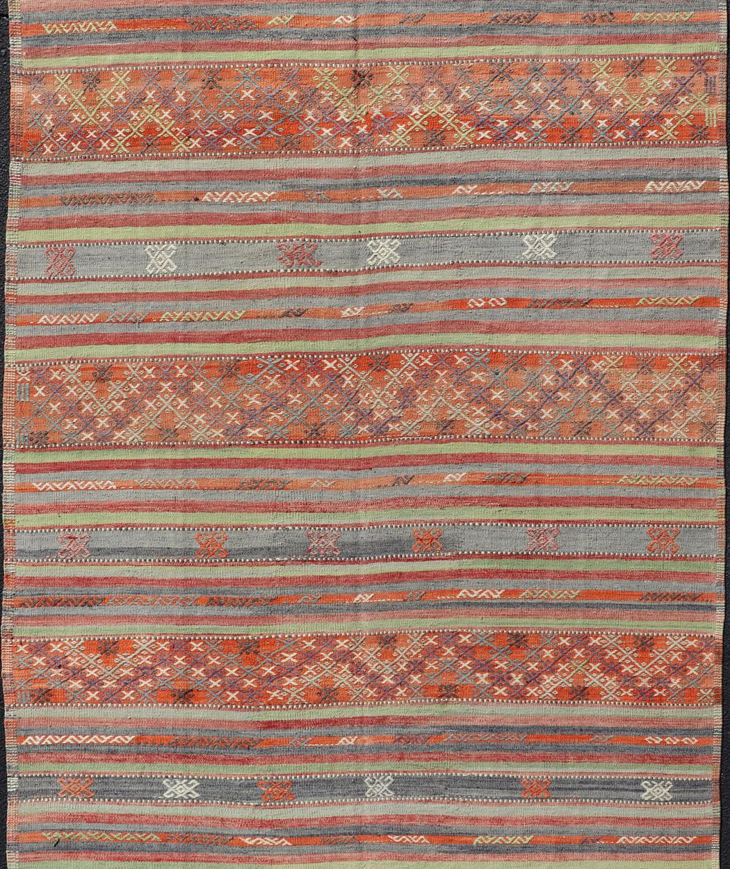 Hand-Woven Multicolored Vintage Turkish Large Kilim Rug with Stripes Design