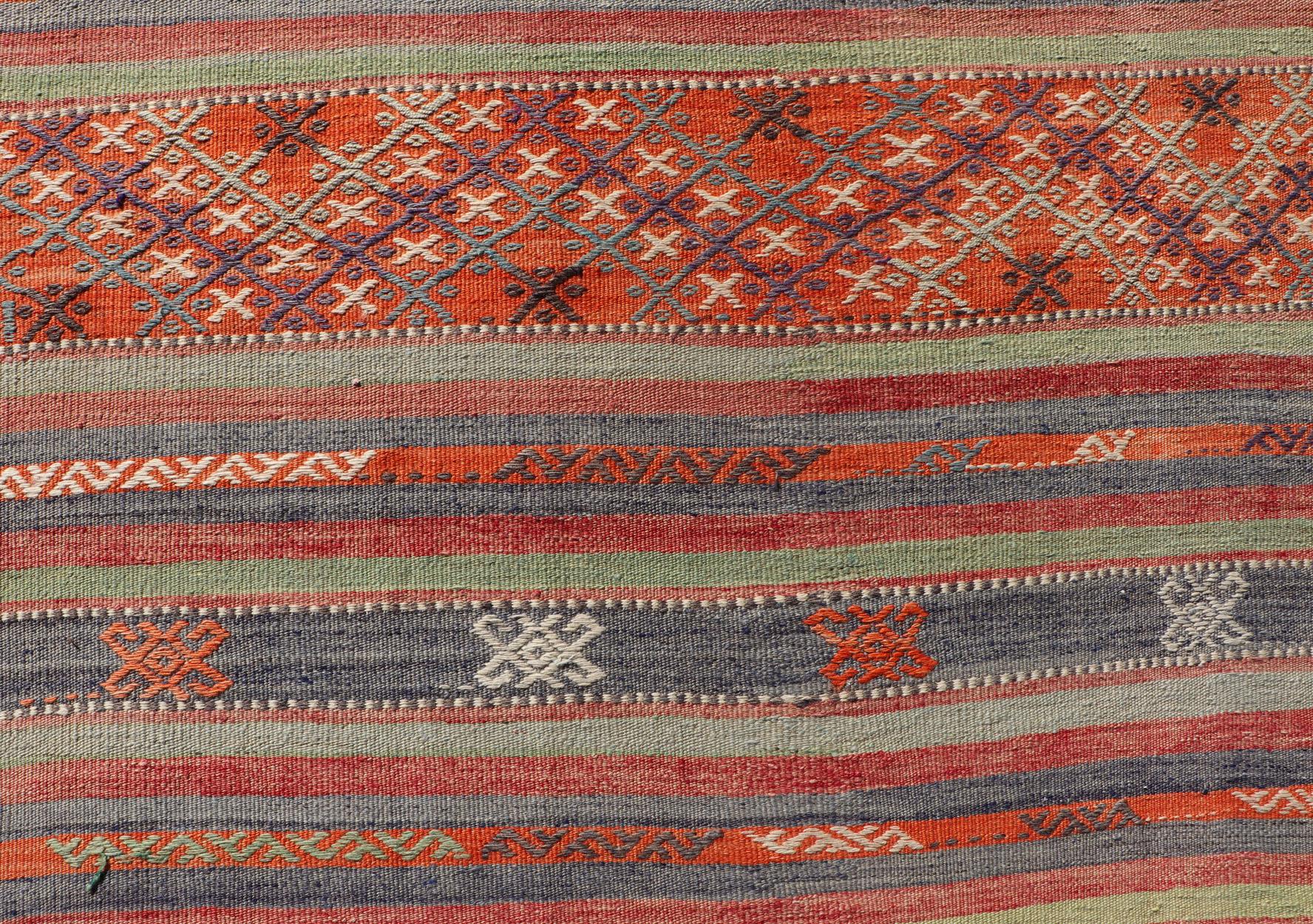 20th Century Multicolored Vintage Turkish Large Kilim Rug with Stripes Design