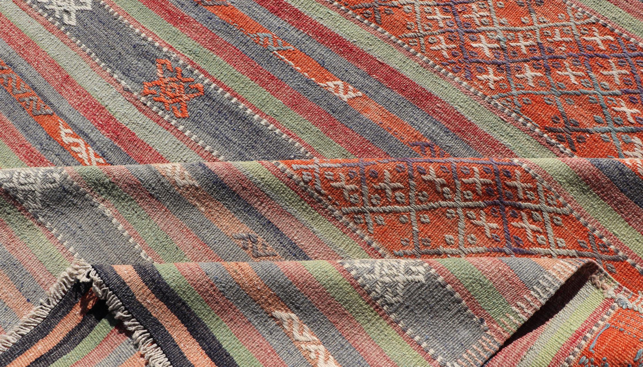 Wool Multicolored Vintage Turkish Large Kilim Rug with Stripes Design