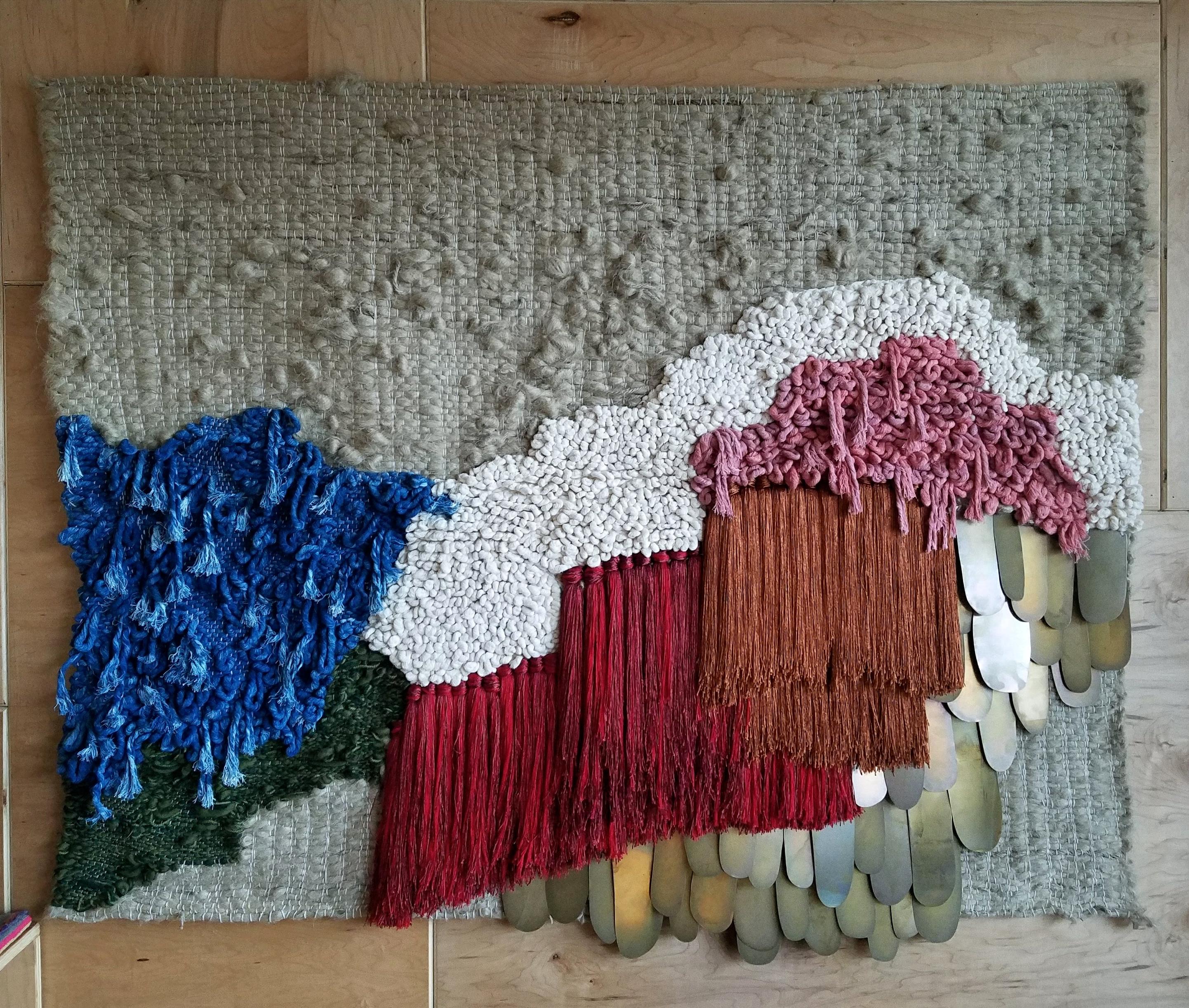 Hand-Crafted Multi color Fiber Art Weaving with Brass by All Roads For Sale