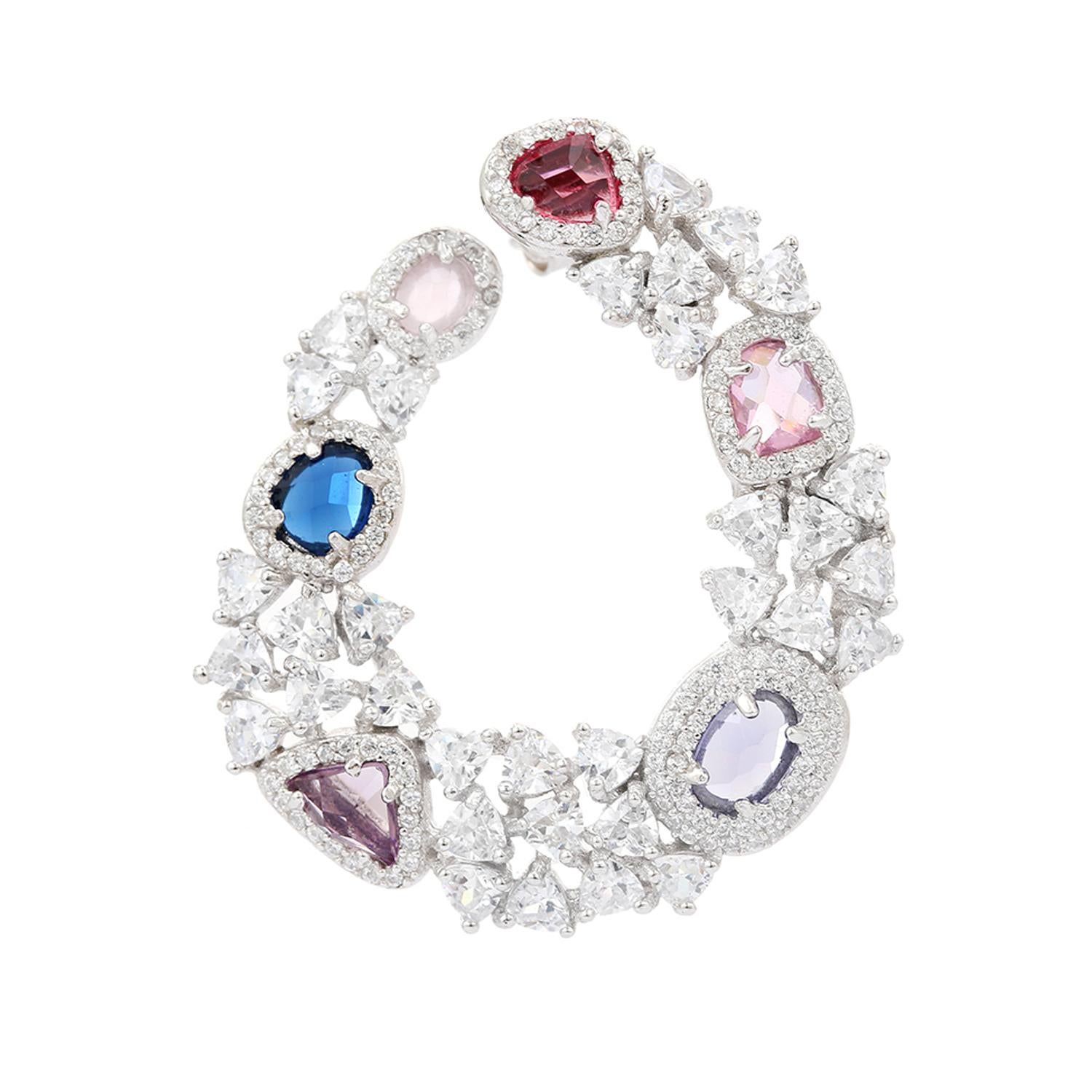 Art Nouveau Silver Multicolors Cubic Zirconia Statement Hoop Earrings for Wedding Jewelry For Sale