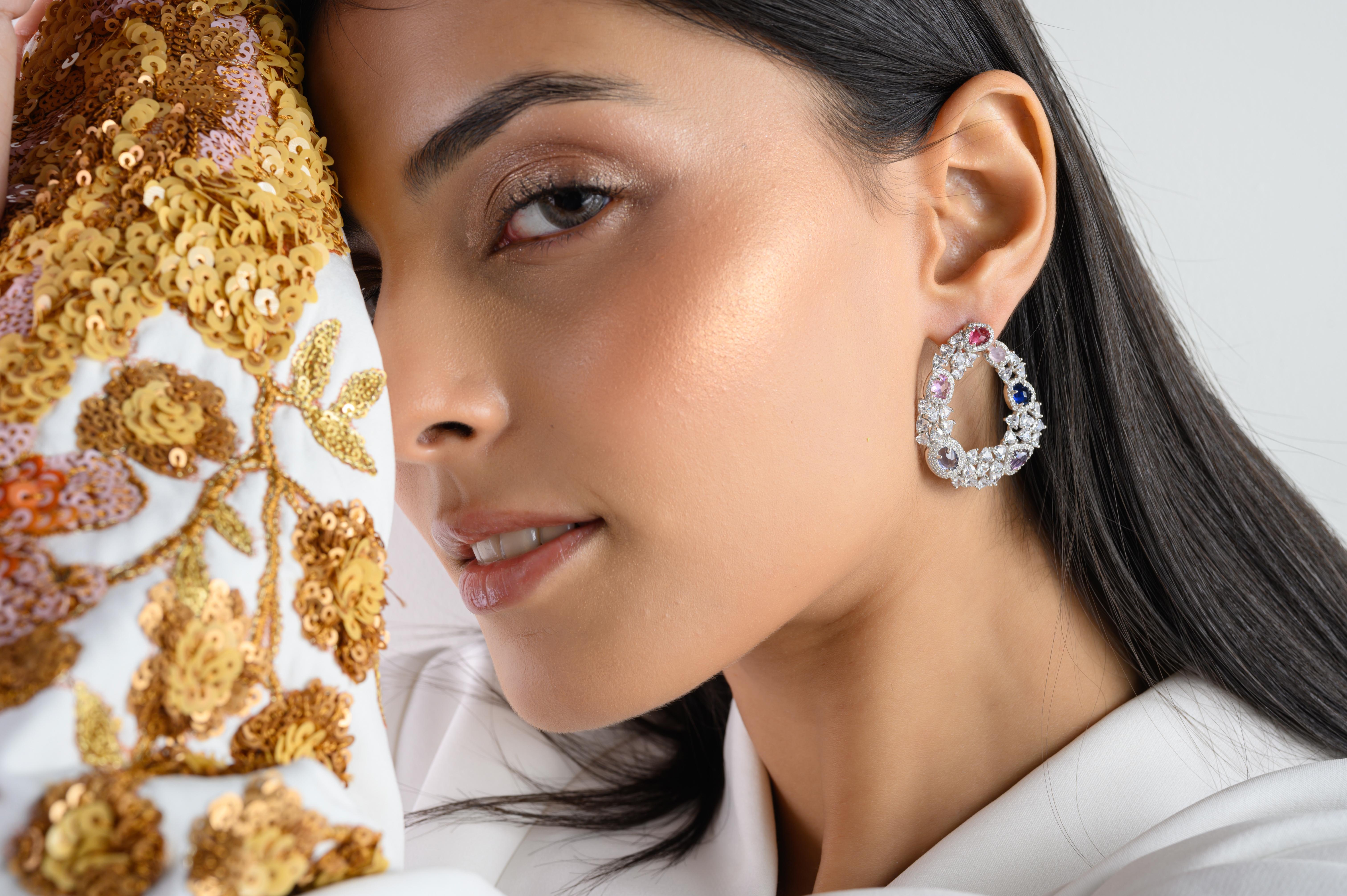 Mixed Cut Silver Multicolors Cubic Zirconia Statement Hoop Earrings for Wedding Jewelry For Sale