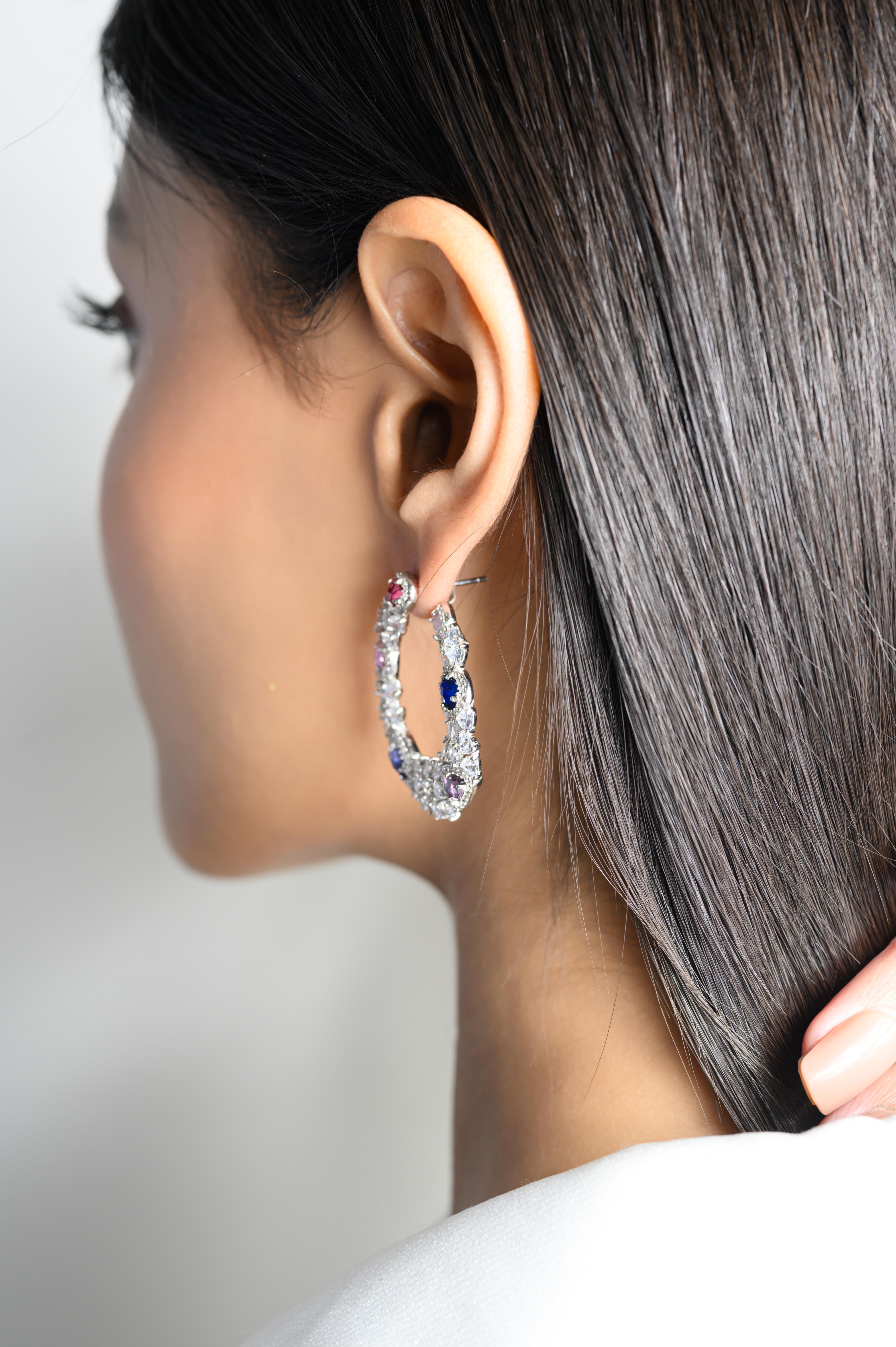 Women's Silver Multicolors Cubic Zirconia Statement Hoop Earrings for Wedding Jewelry For Sale