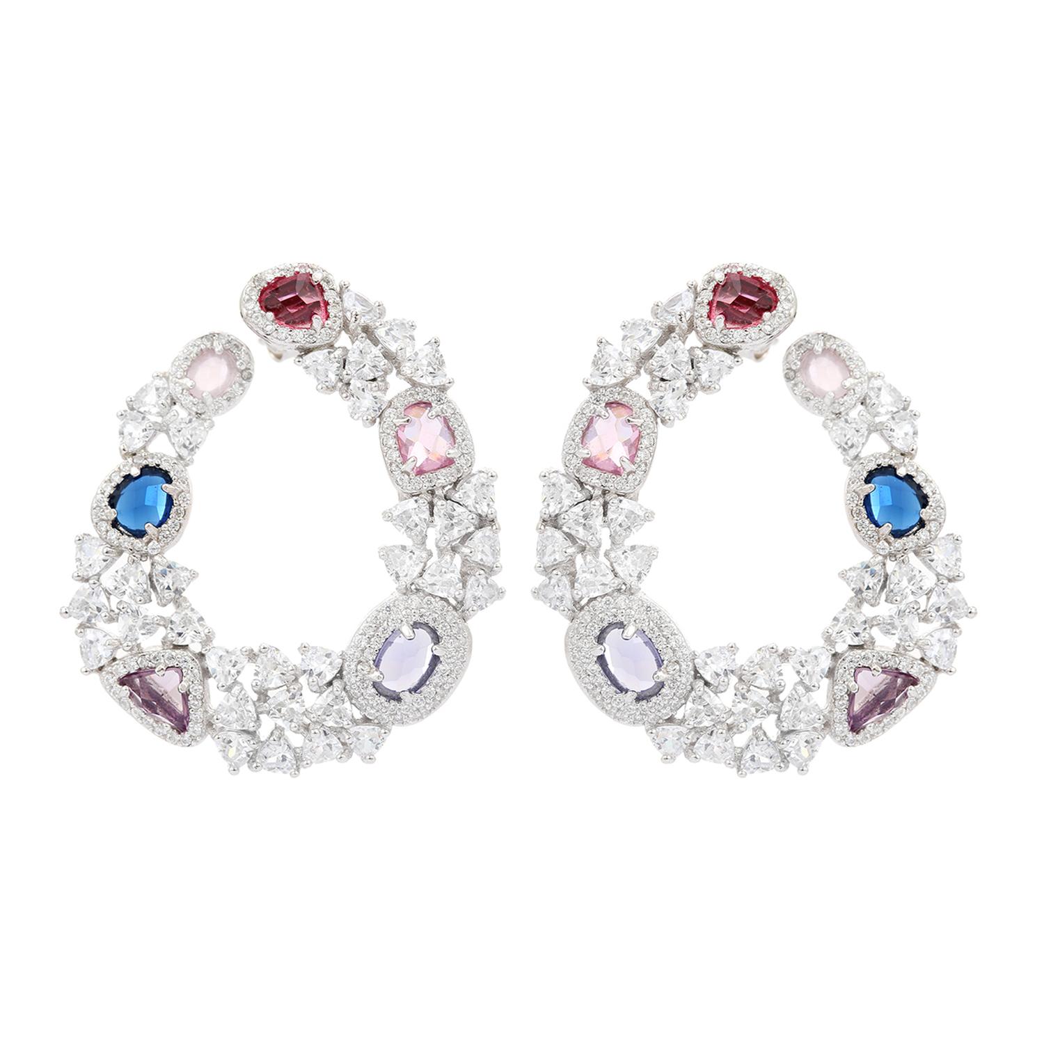 Silver Multicolors Cubic Zirconia Statement Hoop Earrings for Wedding Jewelry For Sale 3