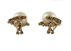 Multicolors Sapphires Diamonds and Australian Pearls Yellow Gold Earrings