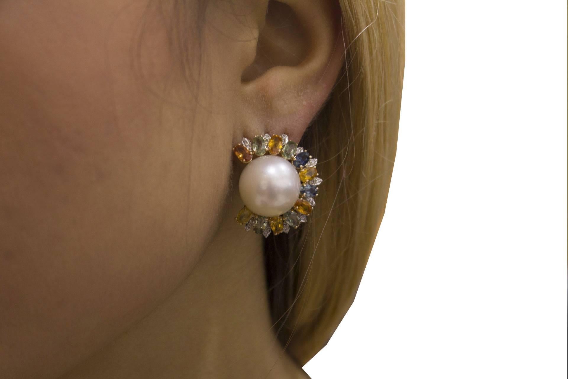 Multicolors Sapphires Diamonds and Australian Pearls Yellow Gold Earrings 2