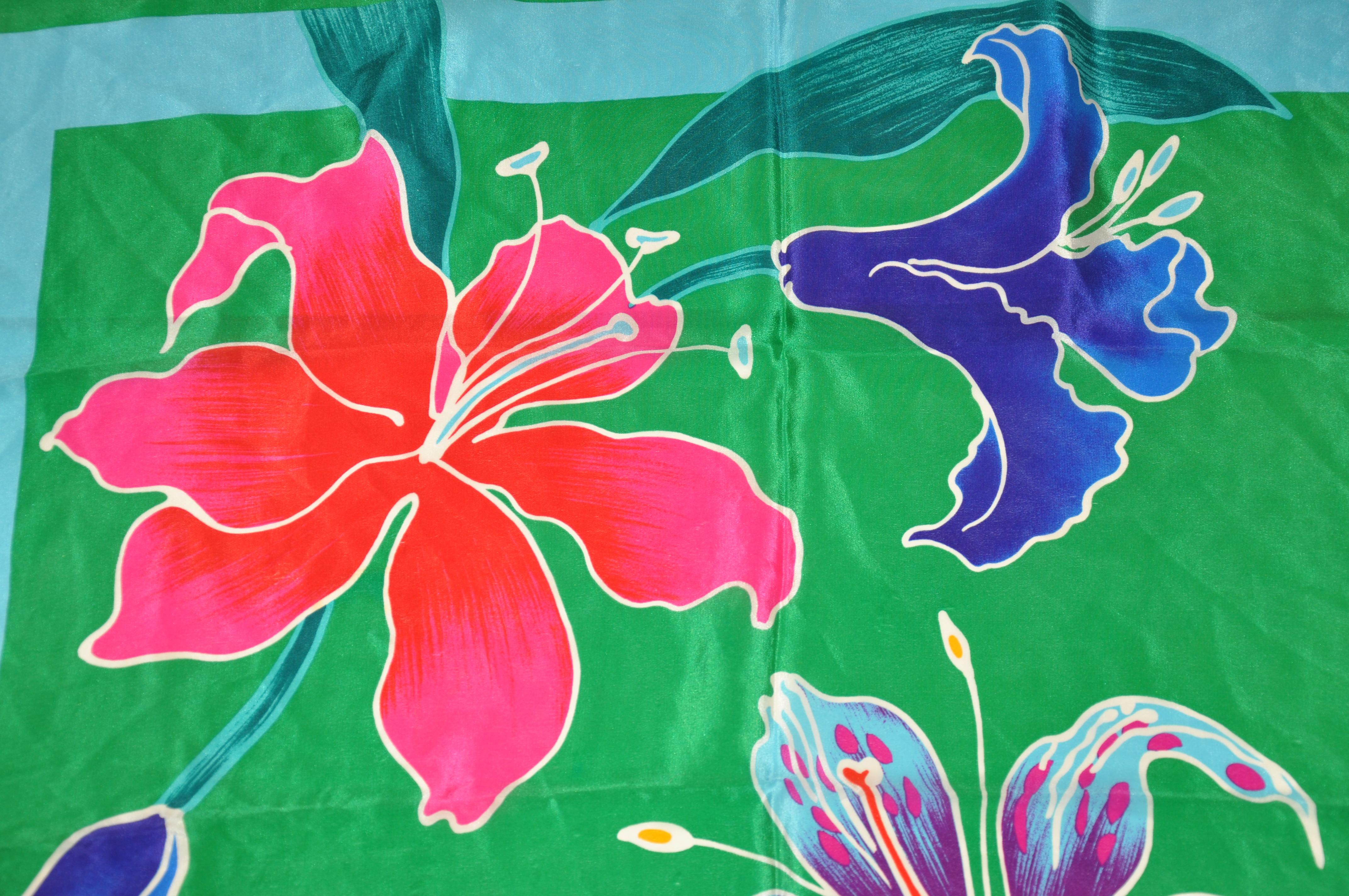 MultiColors With Green Orchids Silk Scarf In Good Condition For Sale In New York, NY