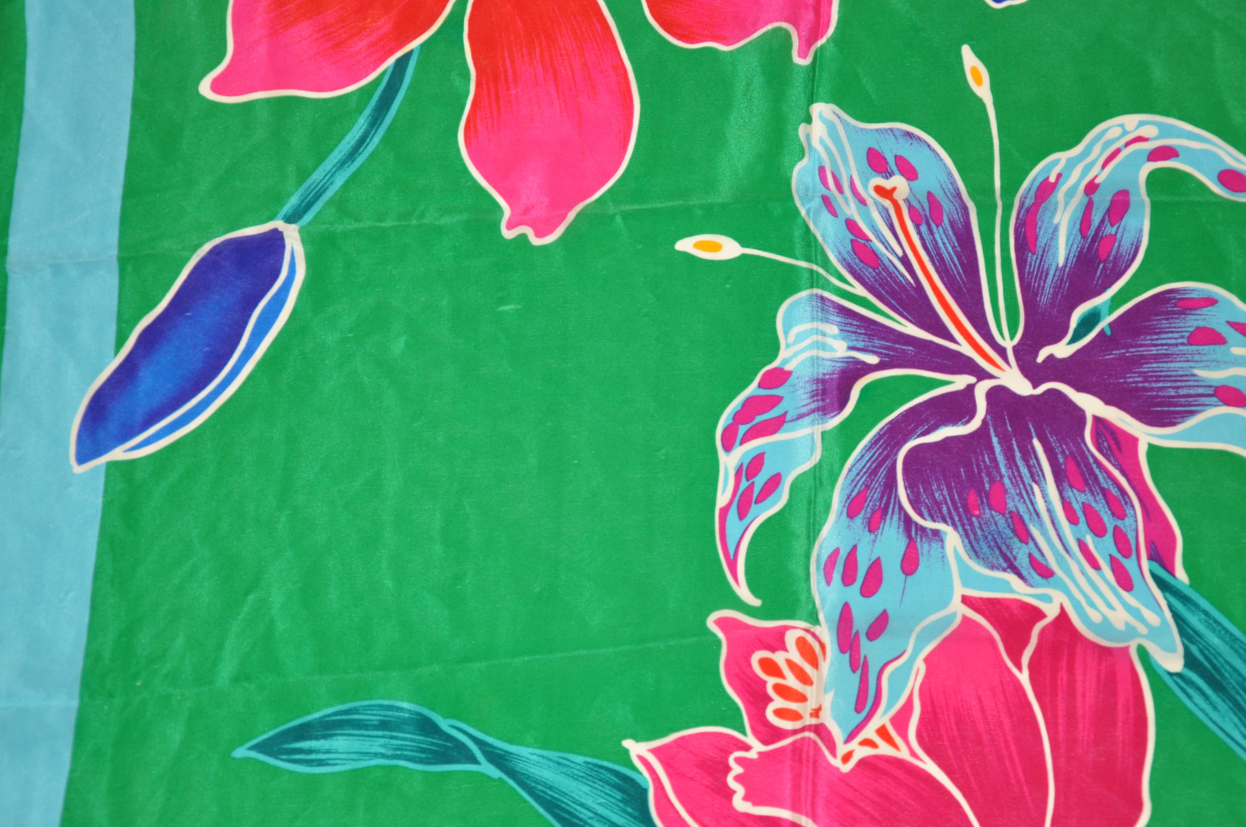 MultiColors With Green Orchids Silk Scarf For Sale 1