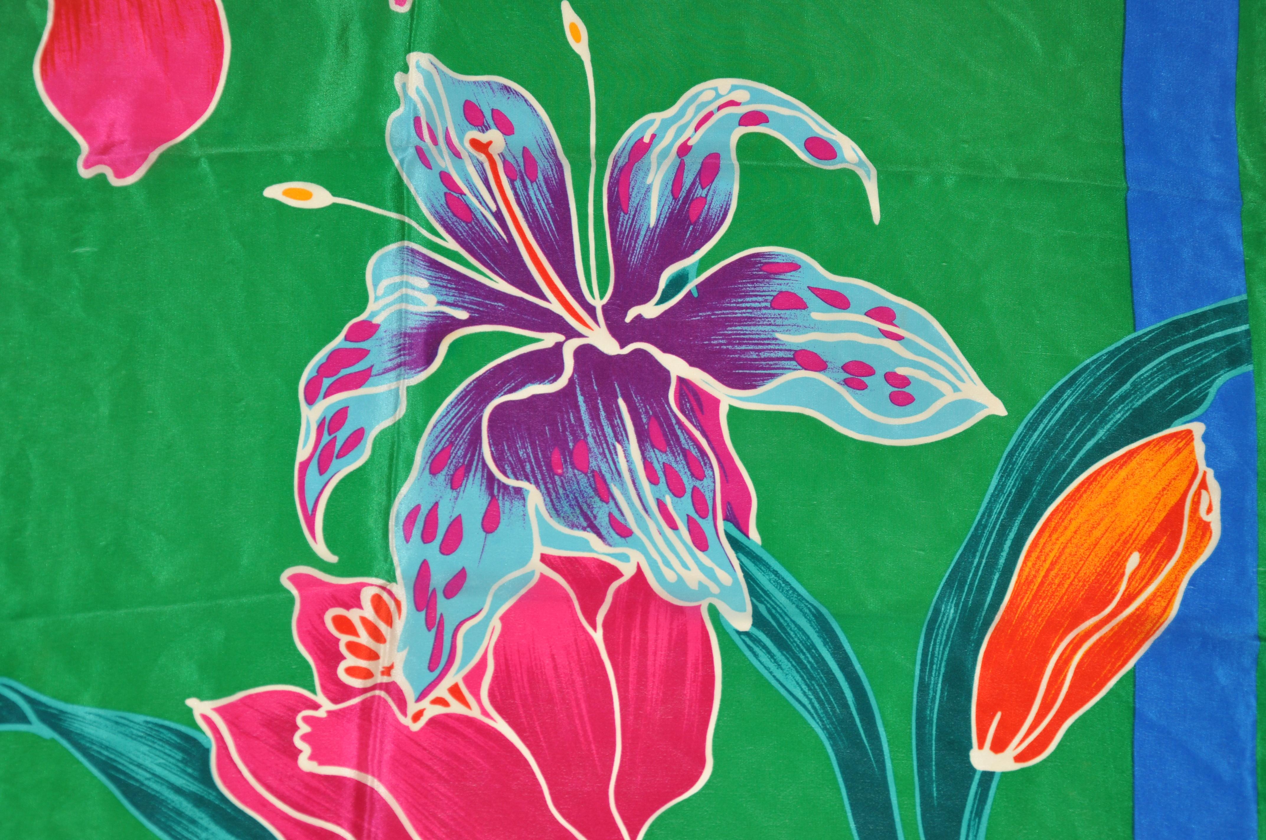 MultiColors With Green Orchids Silk Scarf For Sale 2