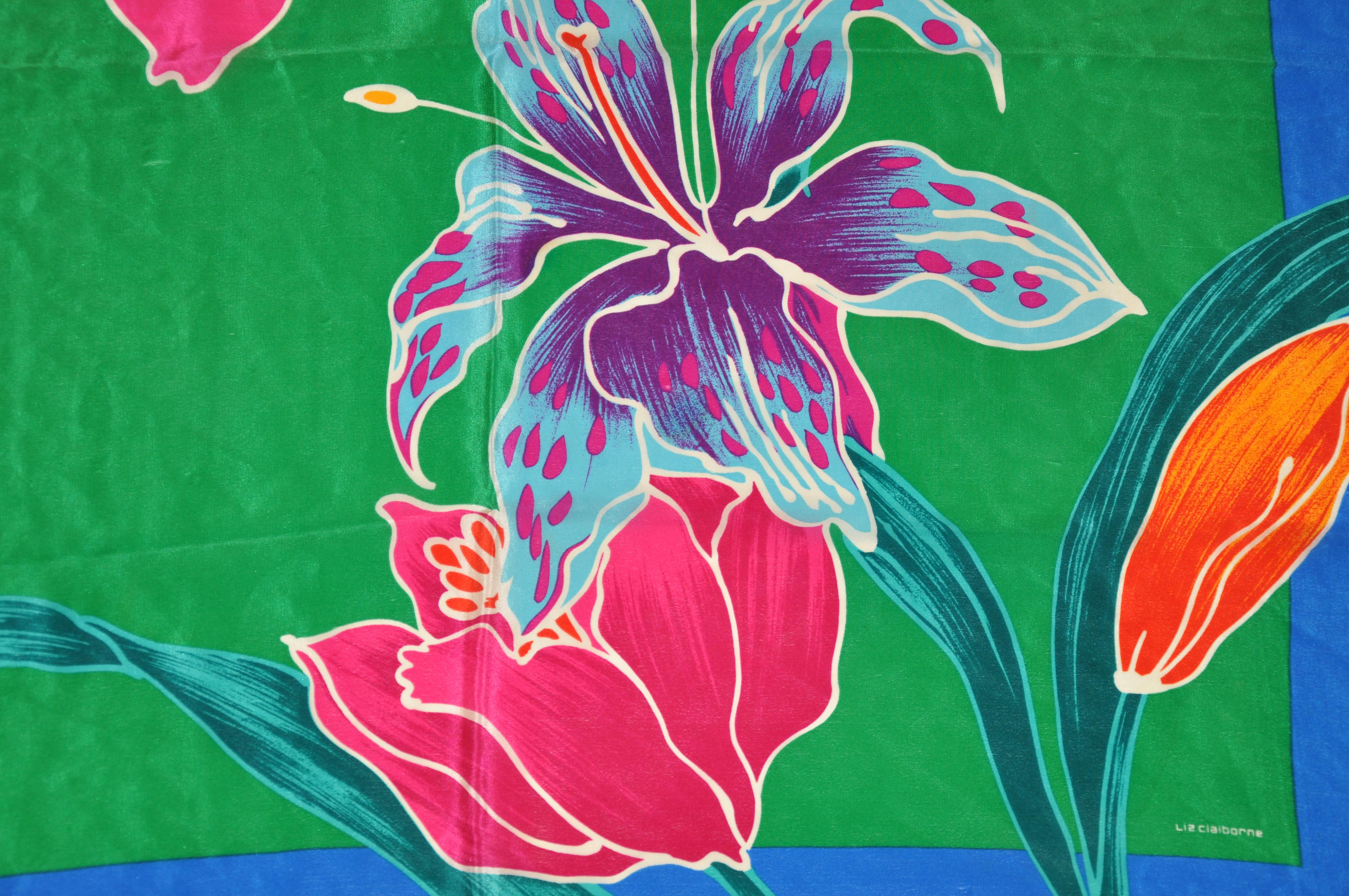 MultiColors With Green Orchids Silk Scarf For Sale 3
