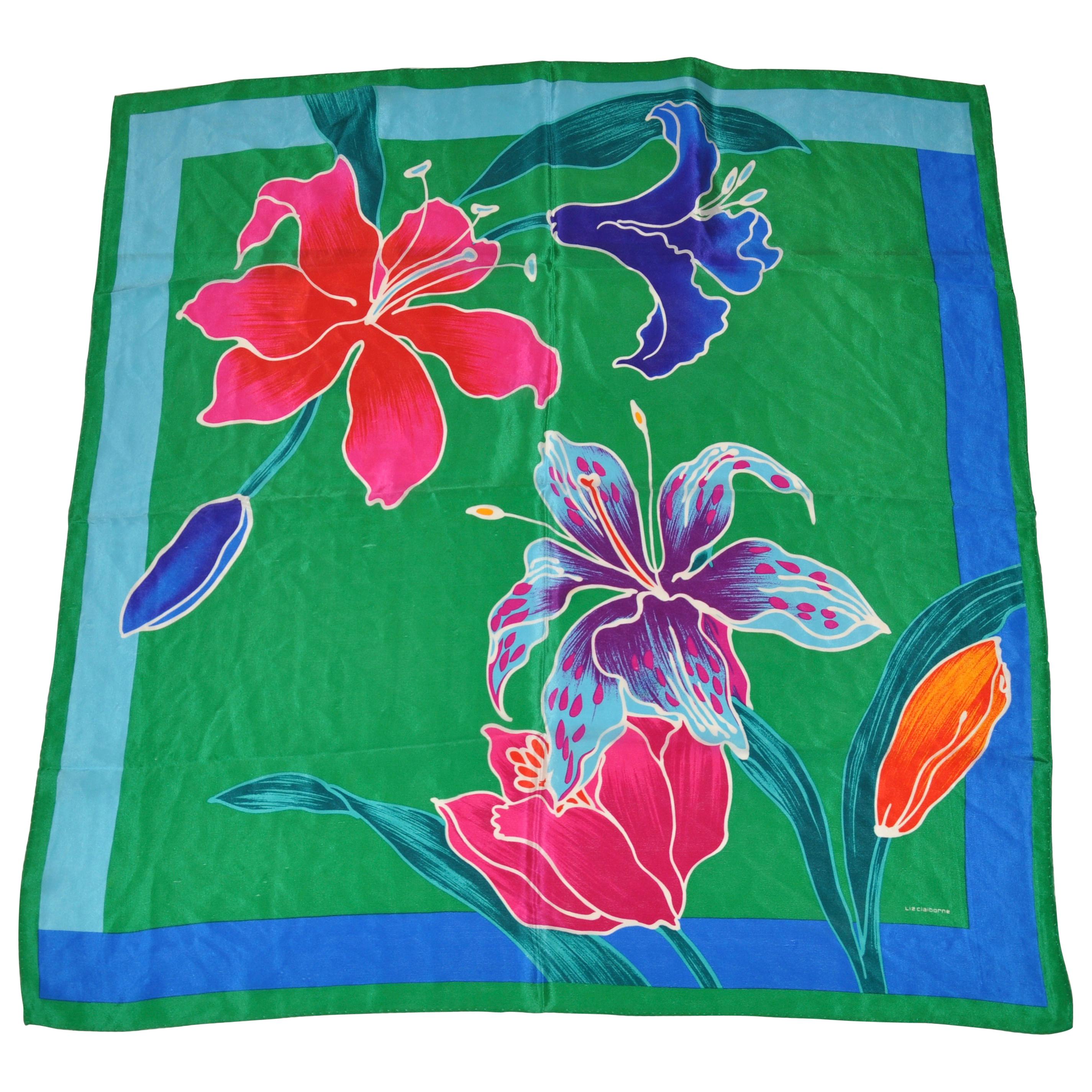 MultiColors With Green Orchids Silk Scarf For Sale