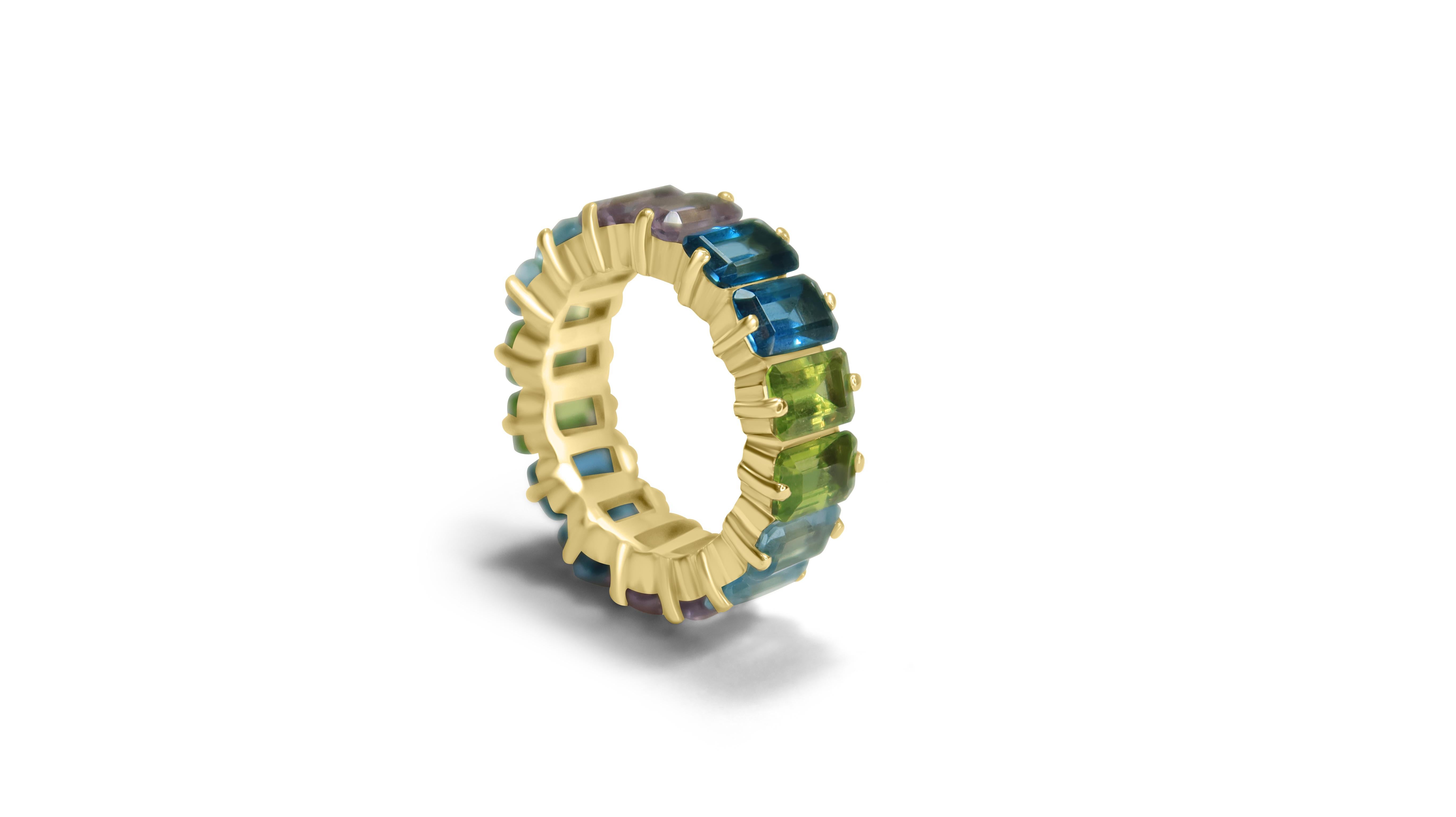 My favorite ring this year. Our gorgeous ombre natural gemstone full eternity ring. This stunning example features two sets of London Topaz, Aquamarine, Peridot and Amethyst emerald cuts in a perfect prong set full ombre eternity ring. The ring is