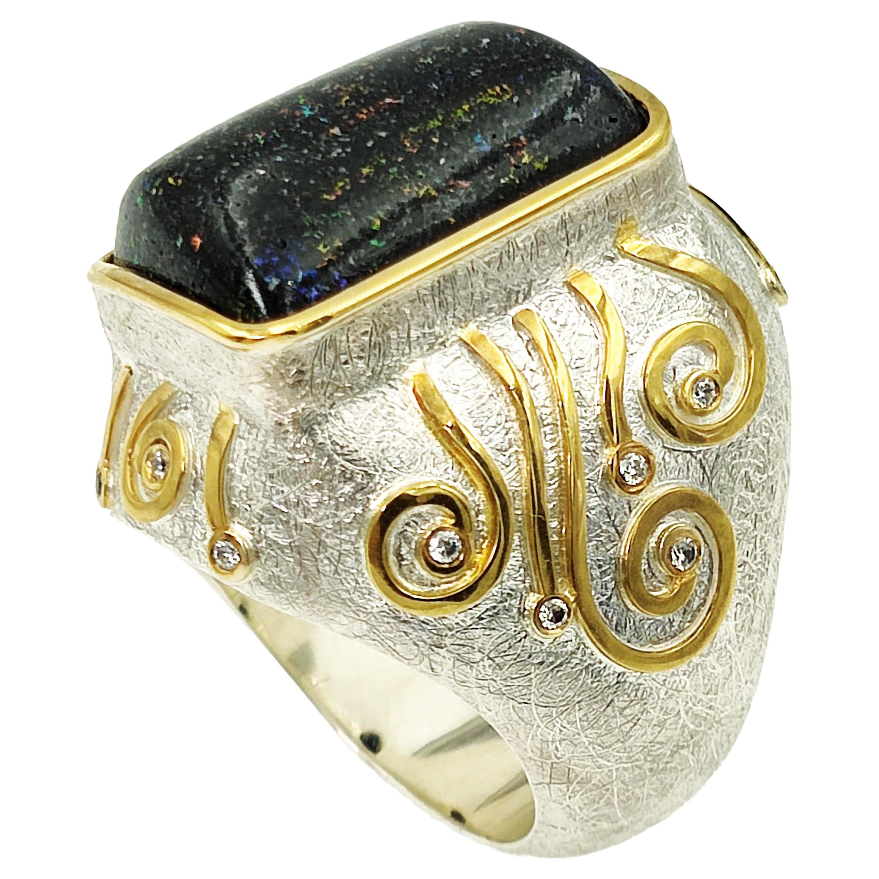 Multicolour Opal Zircon Gold Silver Contemporary Ring For Sale