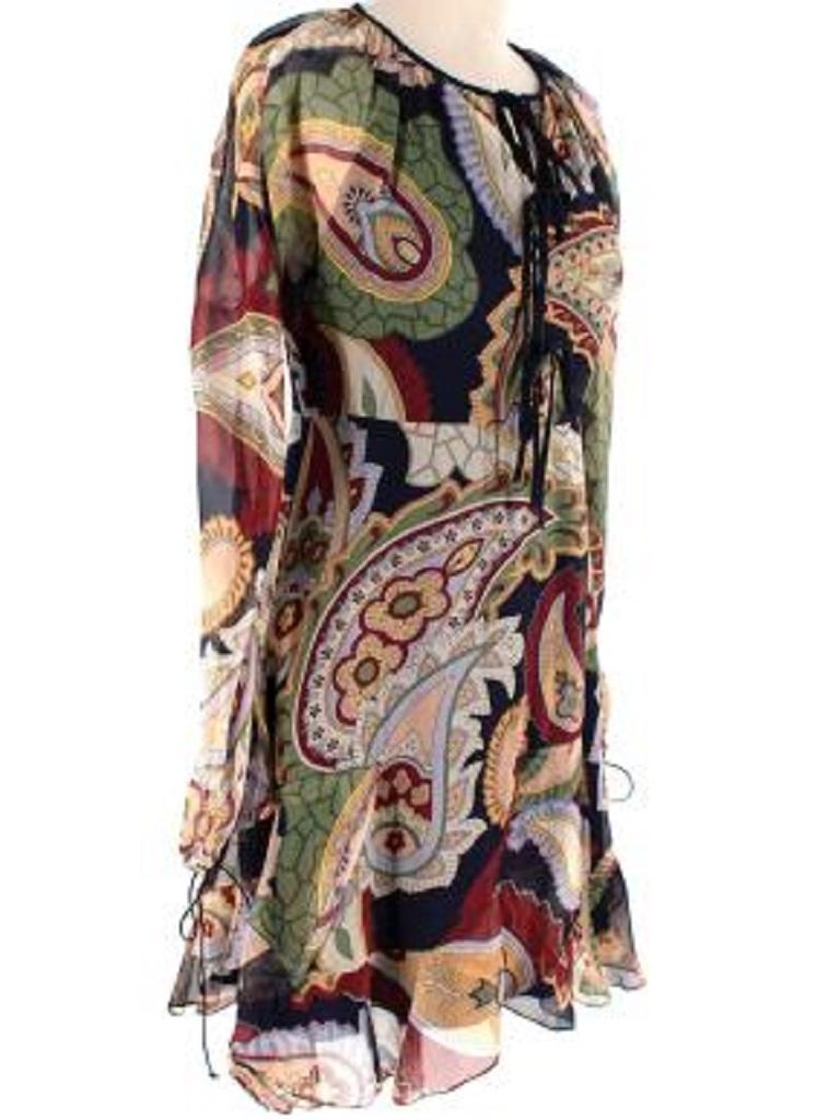 Chloe Multicolour Paisley Print Silk Georgette Dress
 

 - Large paisley print on a navy background
 - Keyhole neckline, with rouleaux self-tie cord 
 - Long, sheer balloon sleeves
 - Fitted waistline
 - Skater skirt with ruffled details 
 - Silk