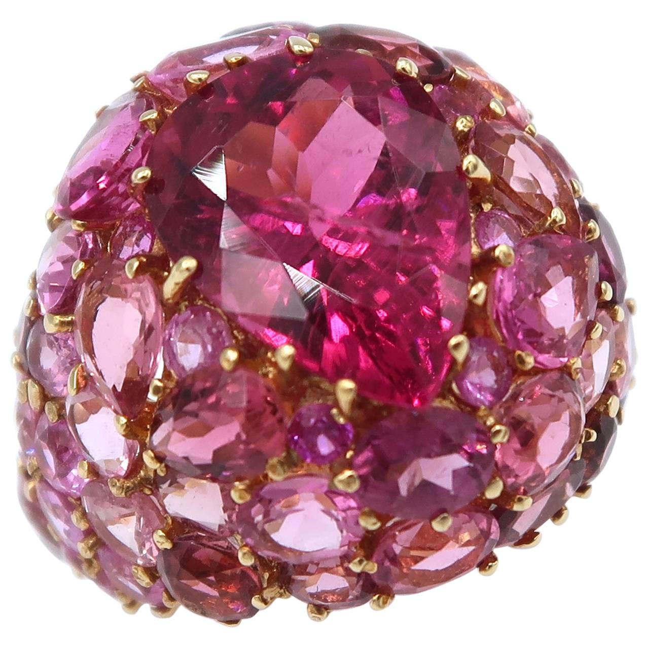 Multicolour Precious / Semi-Precious Gems Clustered 18K Gold Dome Cocktail Ring For Sale