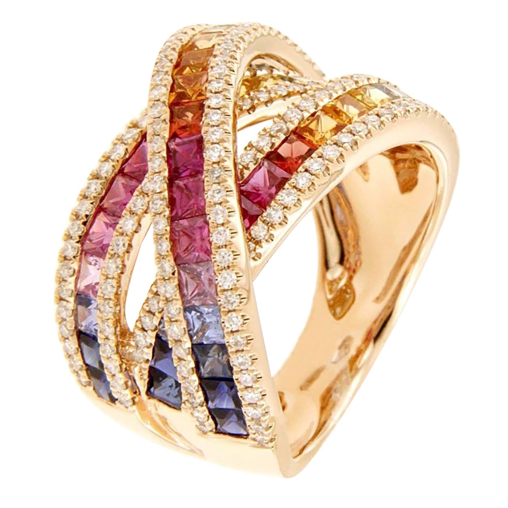 Bague cocktail en or rose avec saphirs multicolores taille princesse et diamants blancs