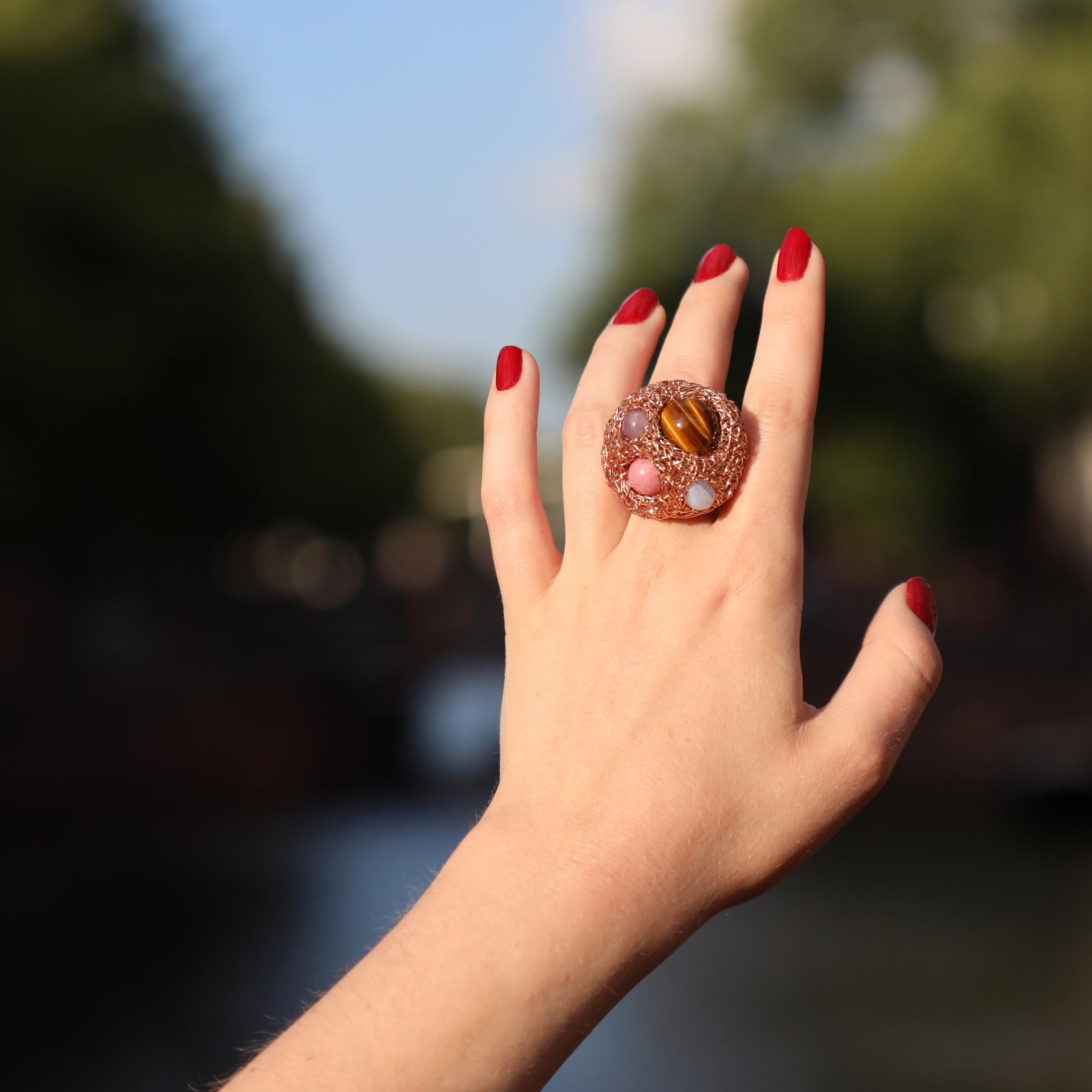 Bead Multicolour Round Stone Woven Statement Cocktail Ring by Sheila Westera in Stock